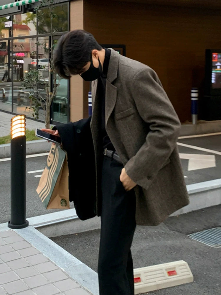 Woolen blazer Men's autumn and winter Korean loose trend thickened high-end small suit top