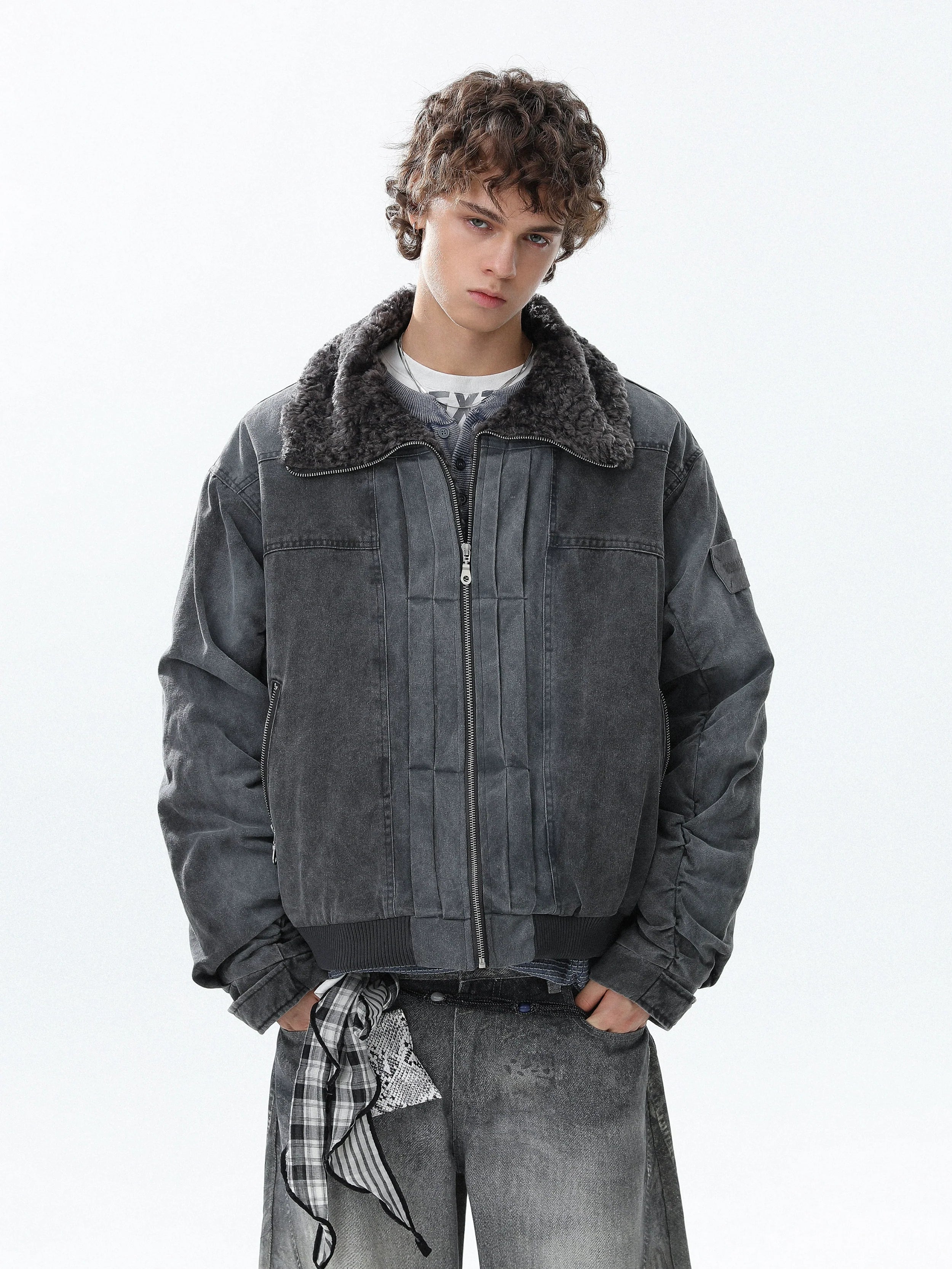 Heavy industry denim deconstruction splicing winter thickened cotton jacket SIN0975