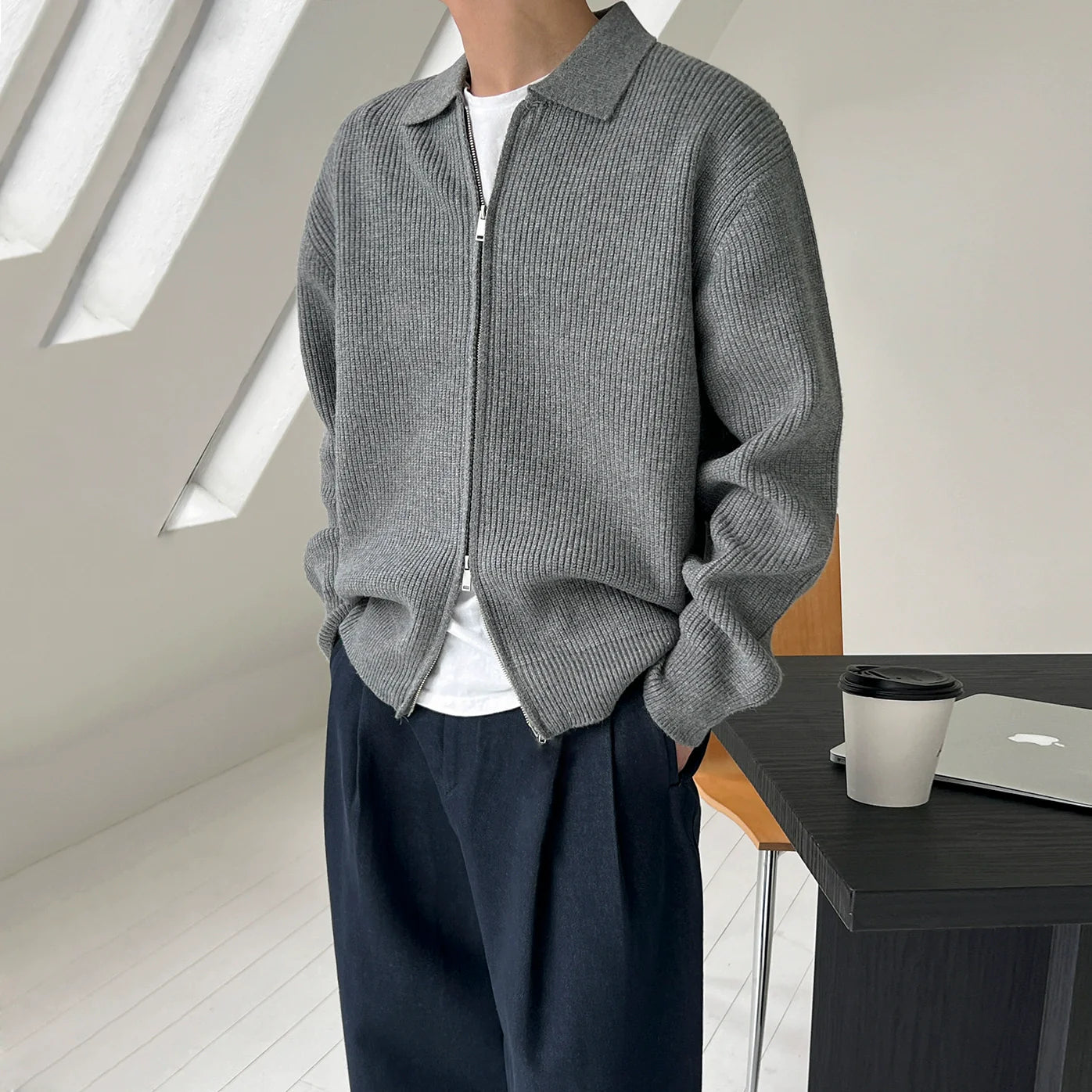 올드 머니 윈드 라펠 스웨터 남성용 가을/겨울 루즈핏 캐주얼 재킷 한국식 통근용 심플 니트 스웨터 