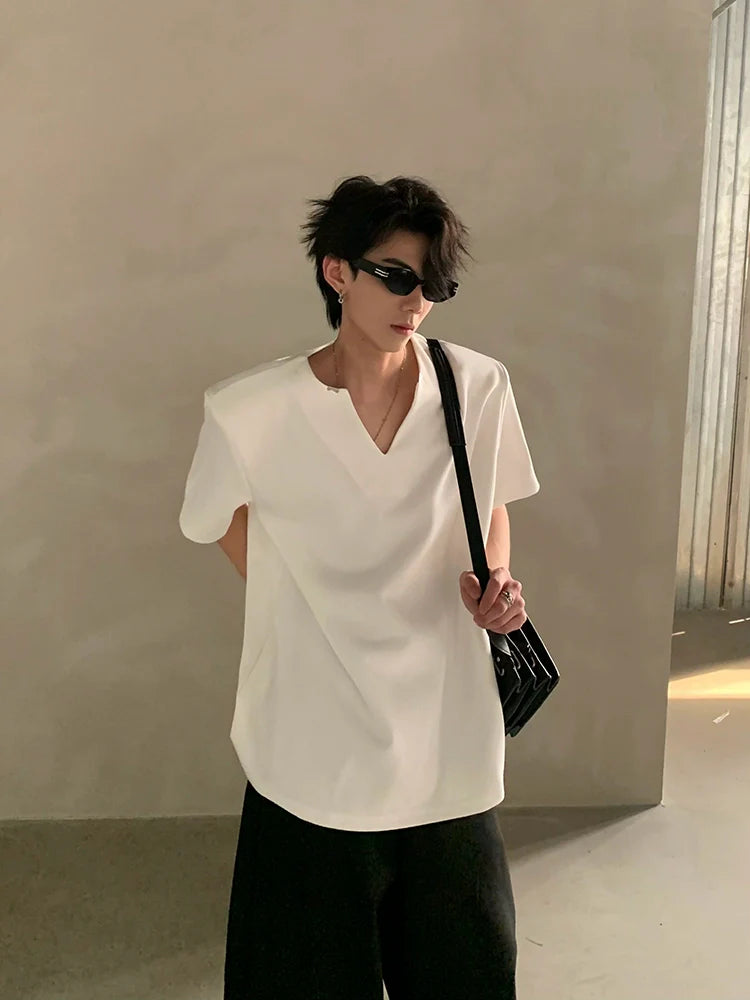 여름 고급 브이넥 금속 장식 어깨 패드 반팔 티셔츠, 남성용 멋쟁이 루즈핏 반팔 상의 