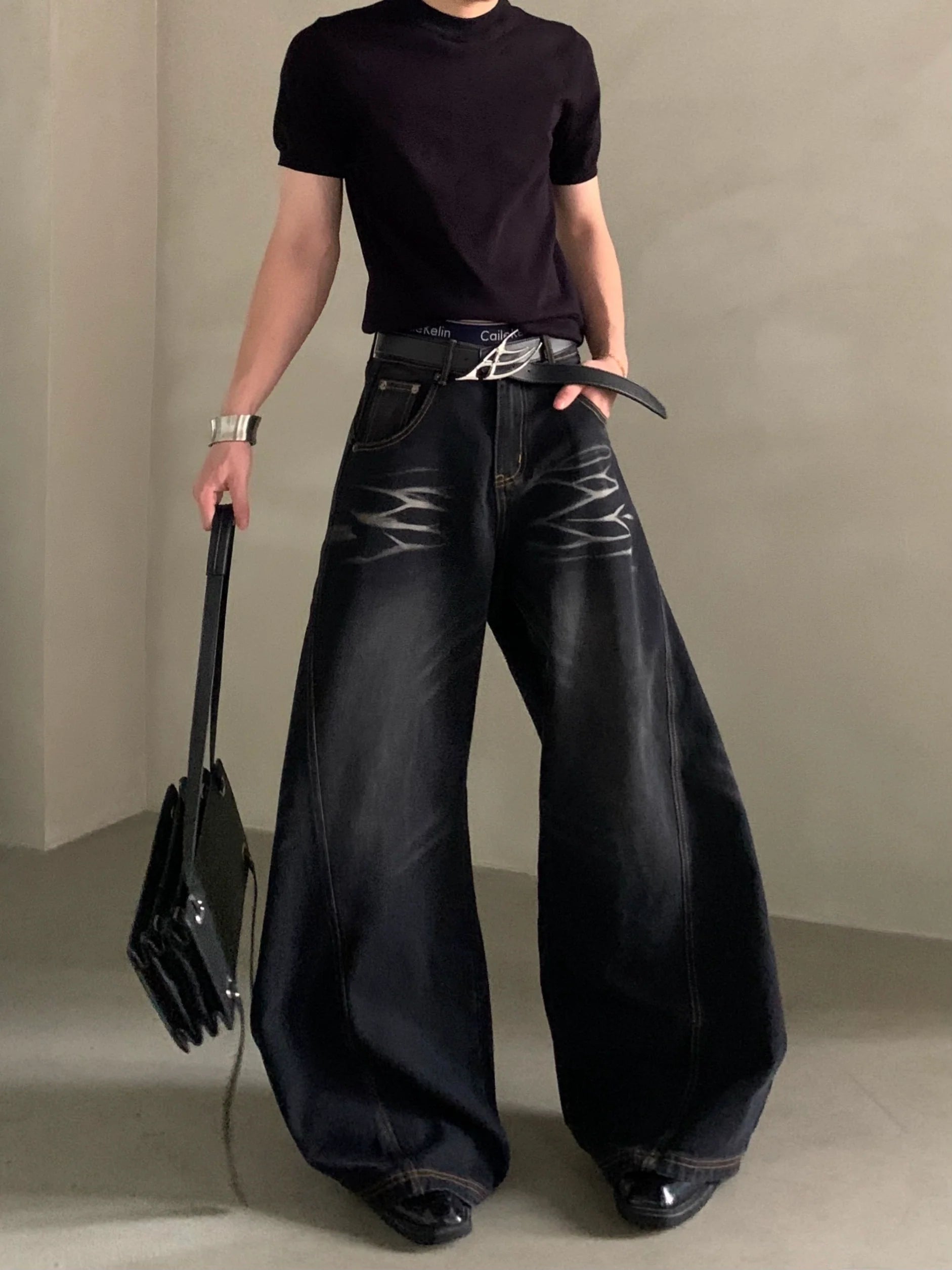 Niche design wide-leg scimitar jeans medium and high waist loose heavy drop floor pants