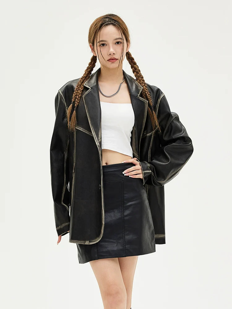 American retro polished leather jacket suit for men and women, black trendy jacket