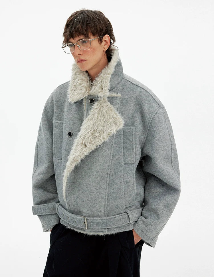 Vintage high-end double-breasted fur collar cotton clothes men's and women's winter casual wool blended warm jacket