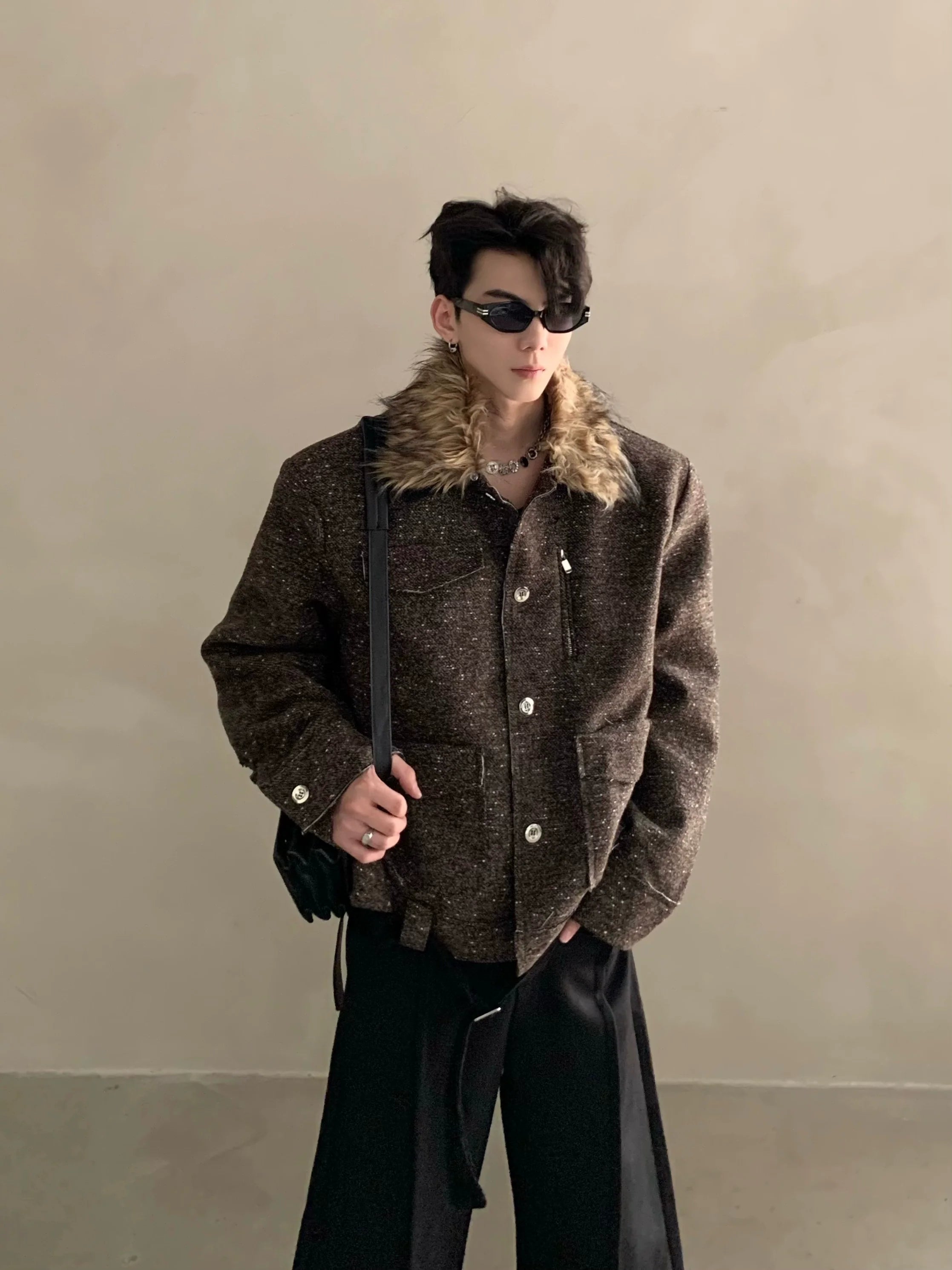 Winter niche light luxury fur collar shoulder padded small fragrant jacket men's high-end short padded jacket