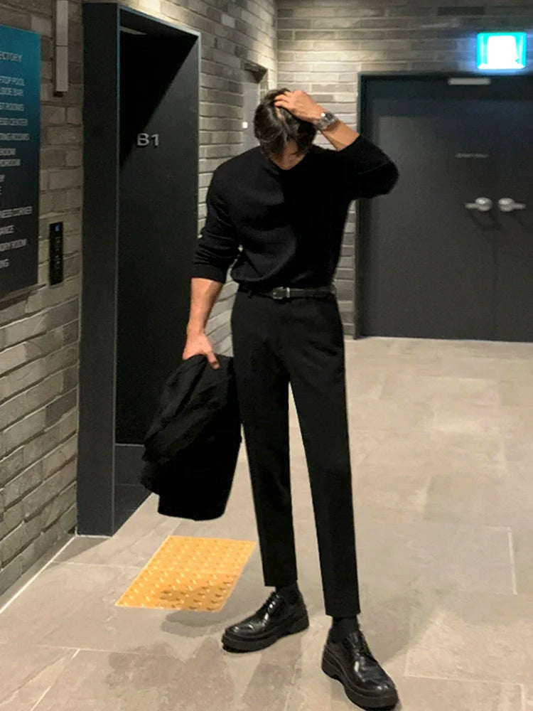 Semi-turtleneck sweater men's autumn and winter loose Korean trend thickened black mid-neck knitted bottoming shirt sweater