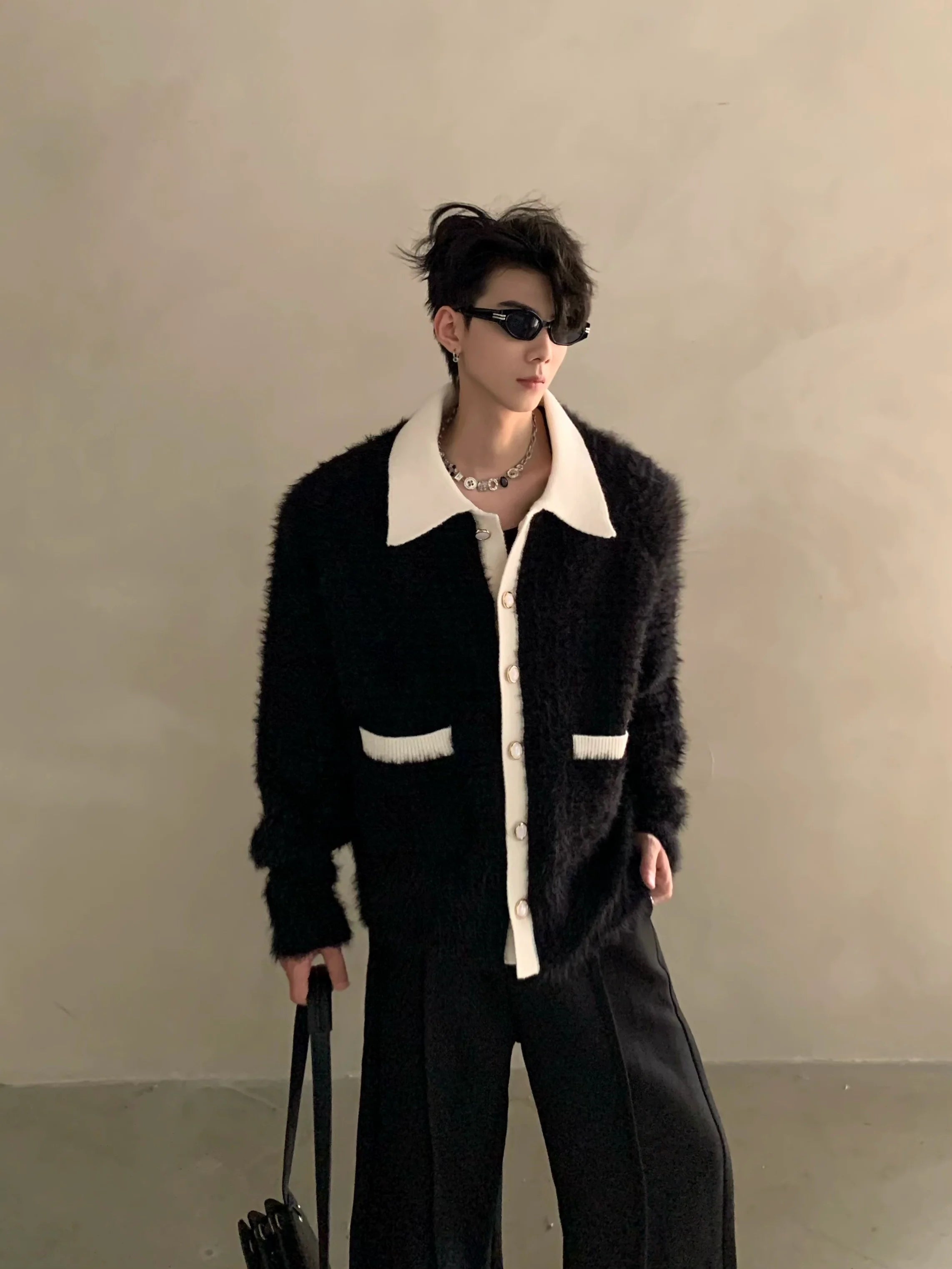 Winter extravagant atmosphere small fragrant lapel knitted cardigan men's heavy button sweater jacket