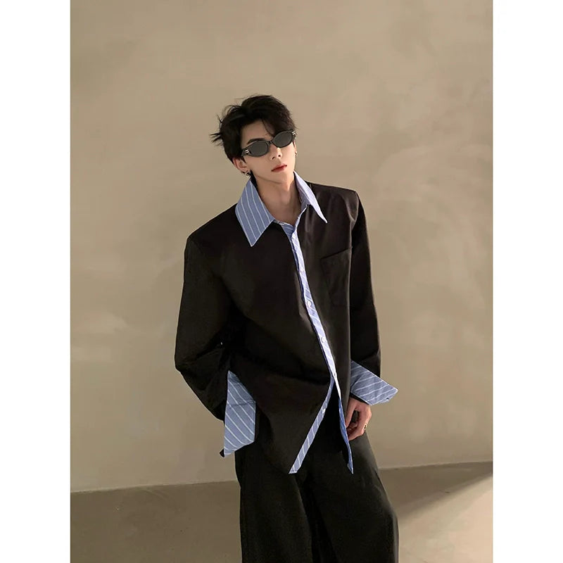 고급 니치 디자인 실루엣 스플라이싱 셔츠, 남성용 러피안 핸섬 솔리드 컬러 루즈핏 트렌드 셔츠 