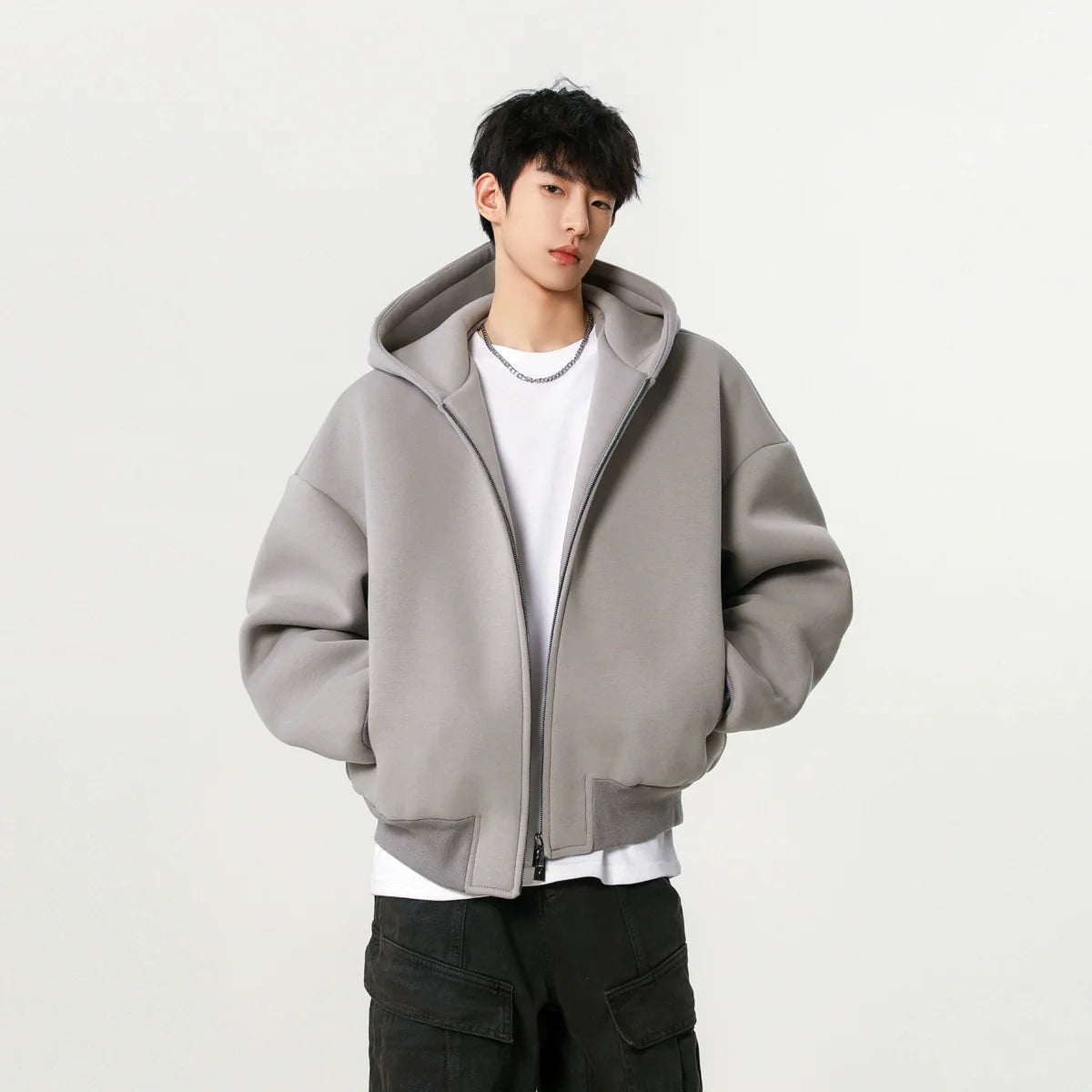 Heavy silhouette cardigan sweater men's spring and autumn new double zipper design hooded fashion short casual coat