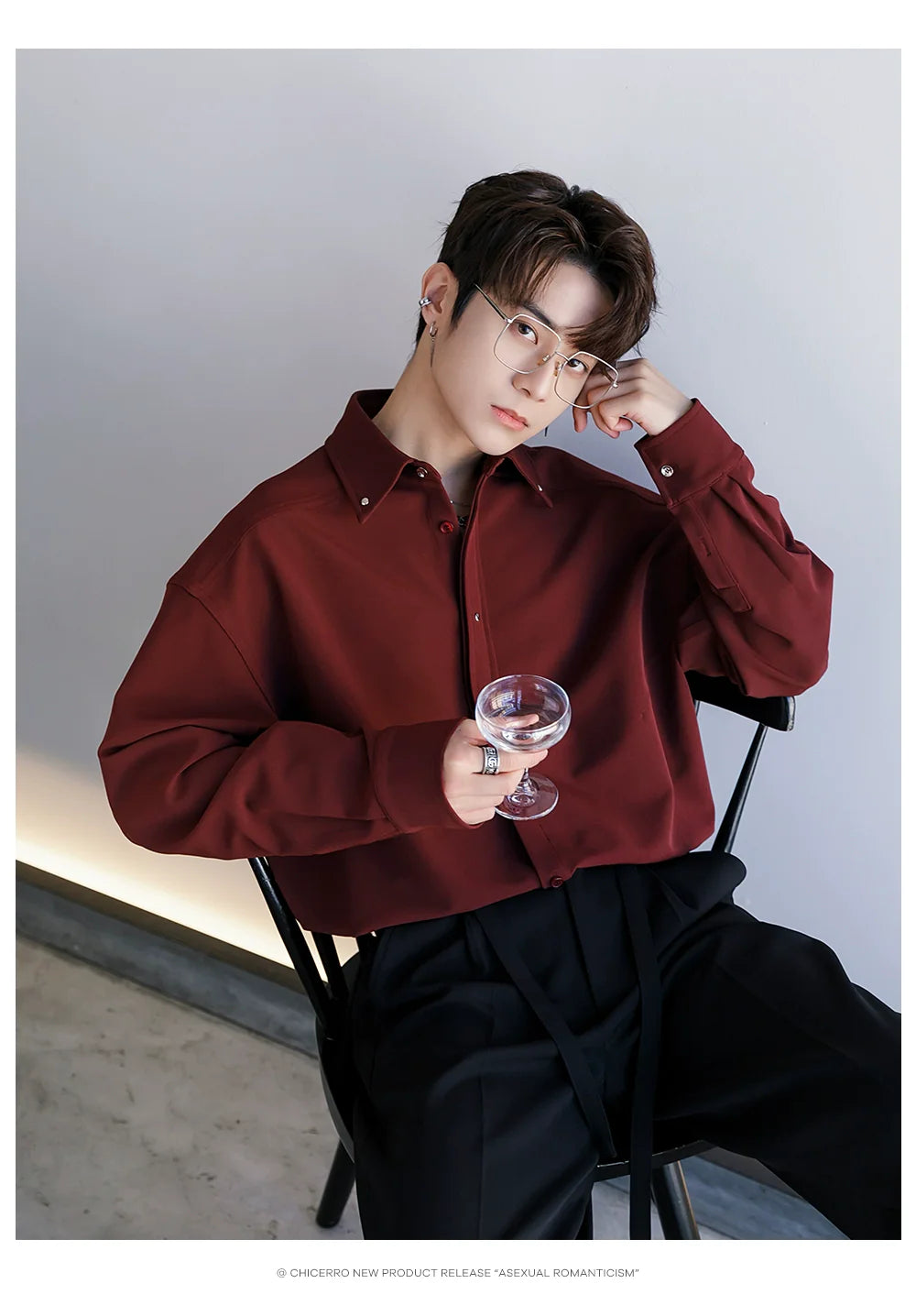 Men's Loose Casual Lapel Shirt Men's Solid Color Premium Tie Long Sleeve Shirt