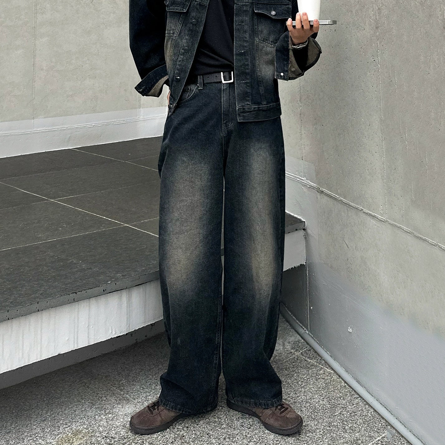 Ruffian handsome retro stand-up collar denim jacket men's spring and autumn loose wide-leg jeans Korean fashion suit