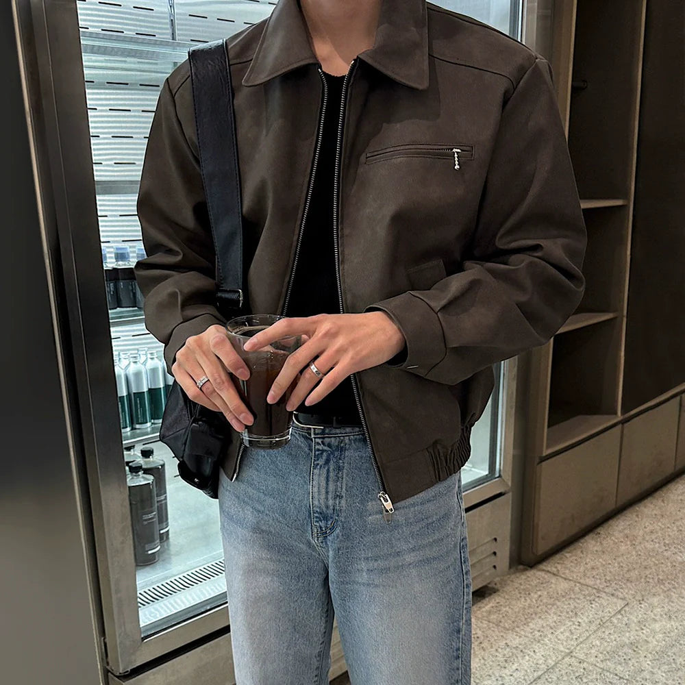 American retro short leather jacket men's autumn loose lapel leather jacket Korean trend ruffian handsome locomotive clothing