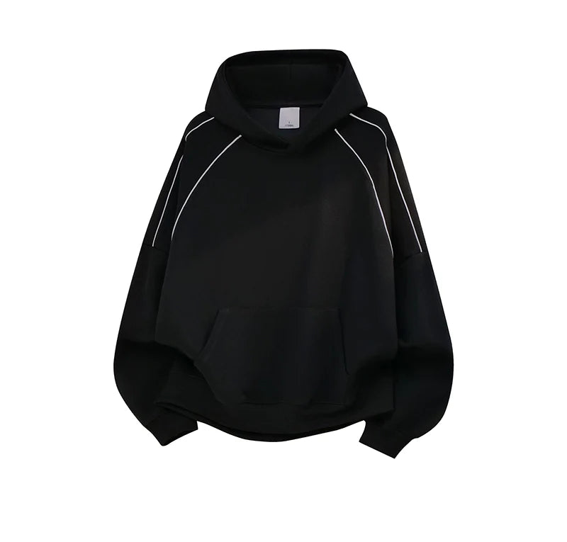 American trendy brand reflective strip splicing heavy hooded sweater men's autumn couple loose pullover hoodie