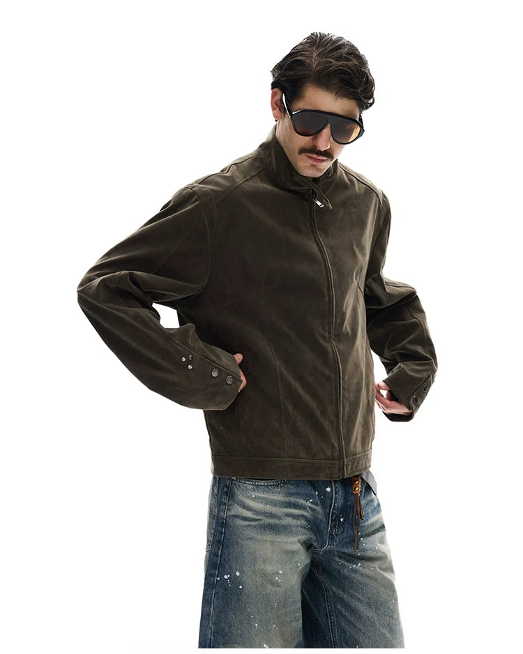 모던 스트리트 레트로 스웨이드 툴링 스탠드업 칼라 재킷, 남녀공용 캐주얼 디컨스트럭션 스플라이싱 숏 코트 