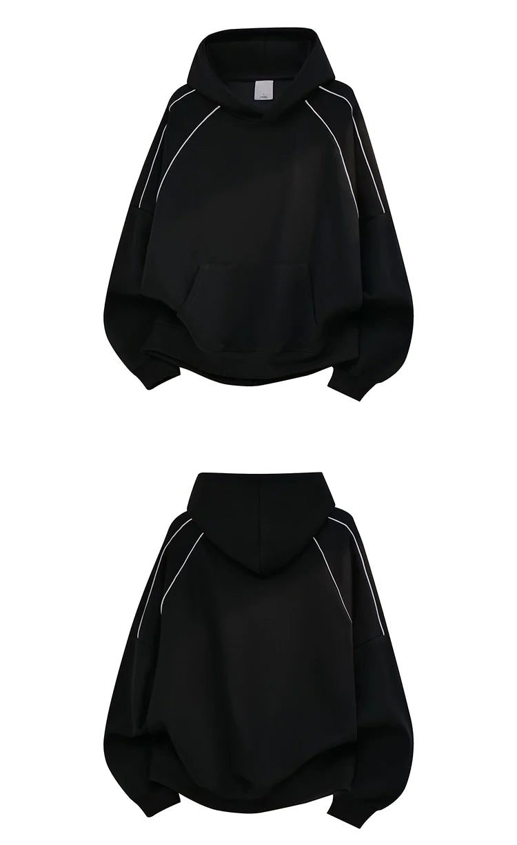 American trendy brand reflective strip splicing heavy hooded sweater men's autumn couple loose pullover hoodie