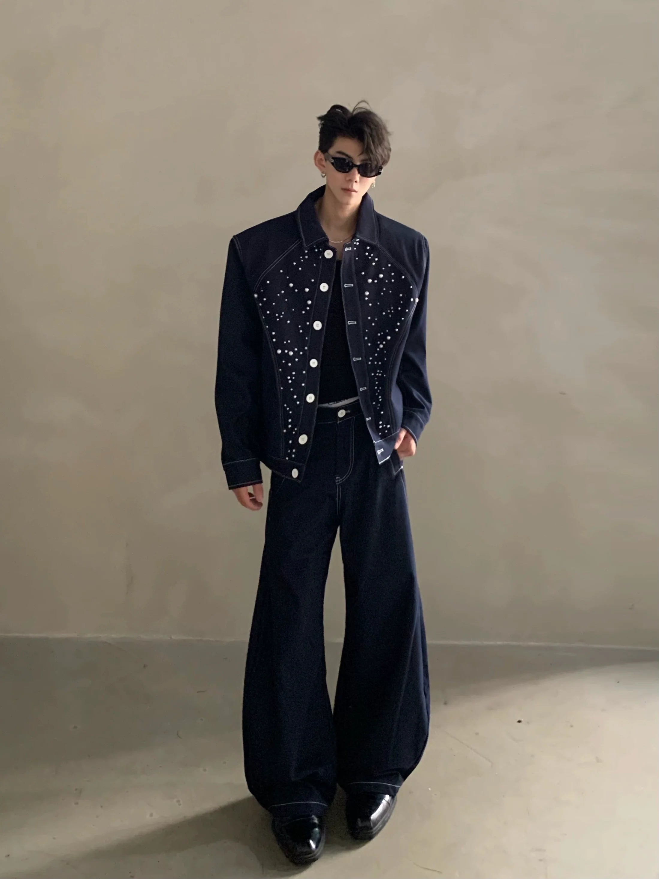 니치 하이엔드 감각의 가볍고 고급스러운 다이아몬드 진주 디자인 데님 재킷, 남성용 멋쟁이 패션 수트, 트렌디한 스타일 