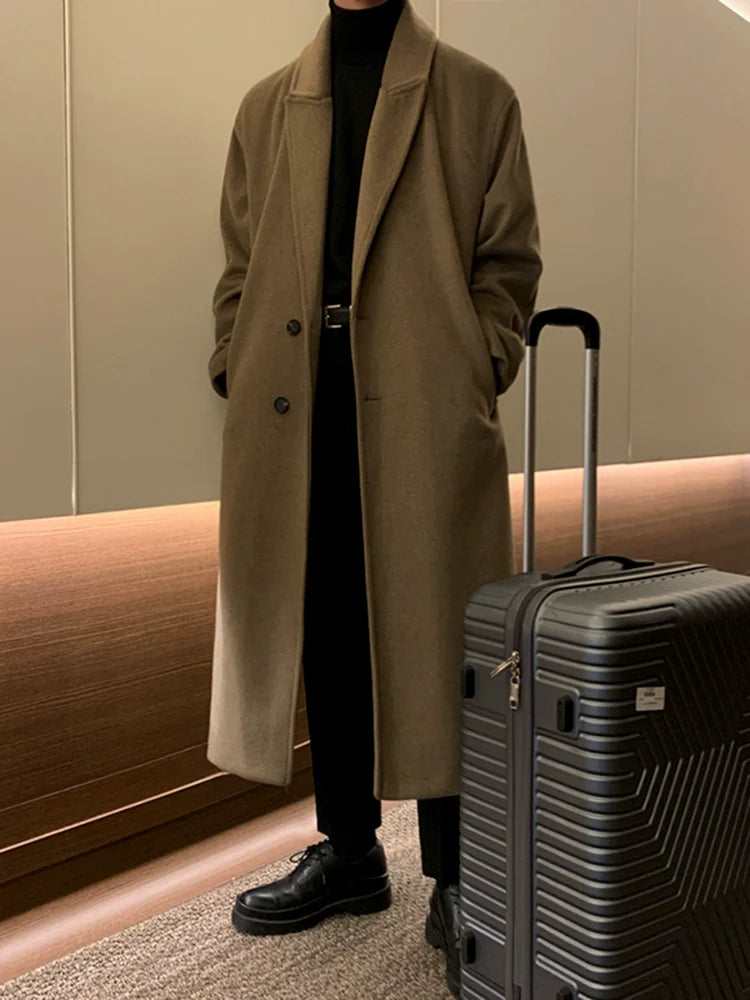 남성용 겨울 코트, 한국 고급 무릎 길이 트렌치 코트, 루즈핏 레트로 스타일 두꺼운 울 코트, 트렌디한 디자인 