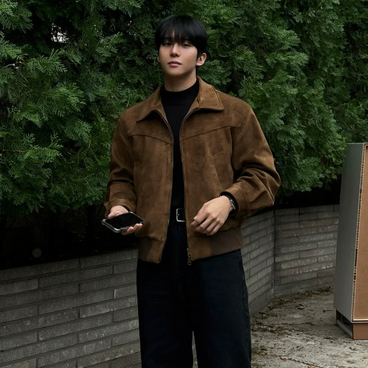 Retro style short leather jacket men's autumn and winter imitation suede lapel jacket Korean commuter wear