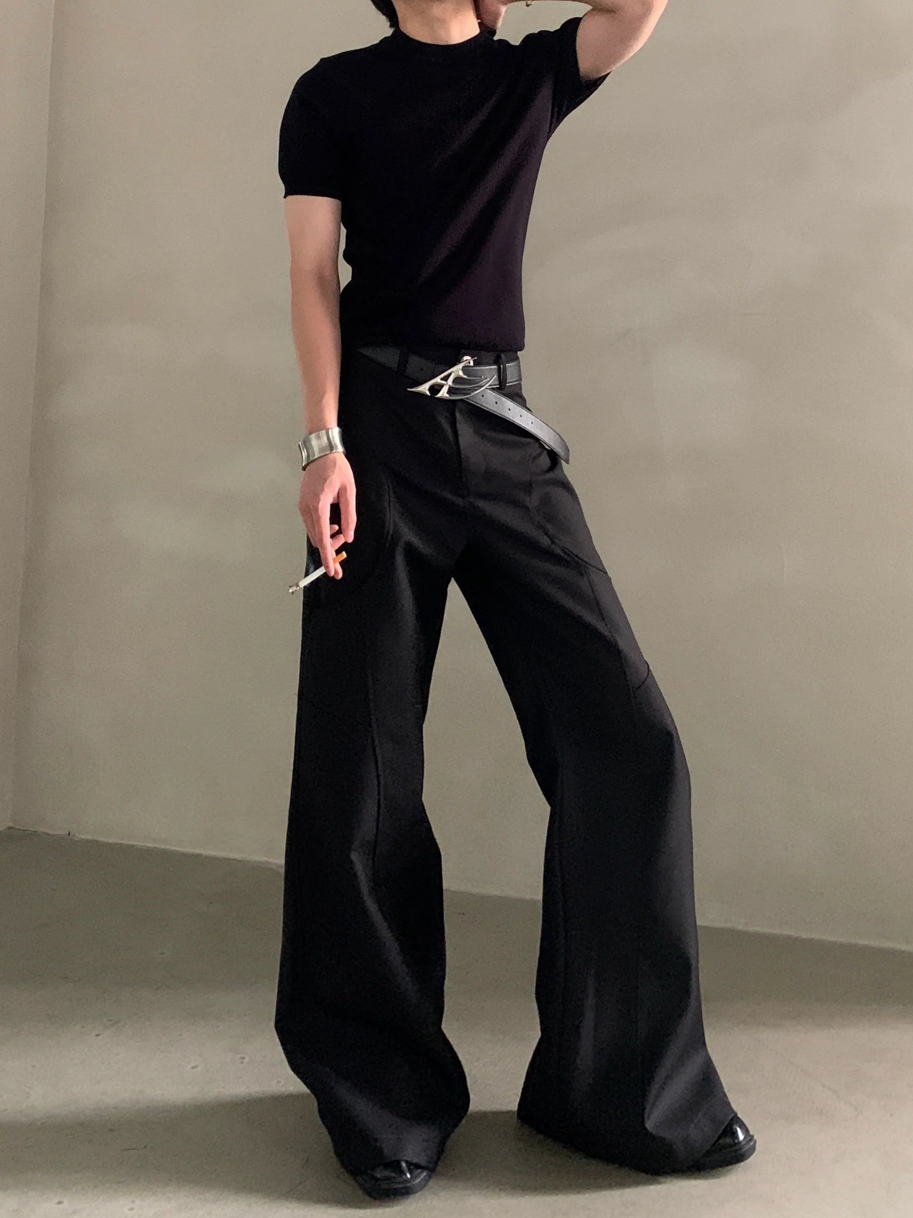 Niche design silhouette black micro-flared trousers men's senior sense cleanfit casual pants tide