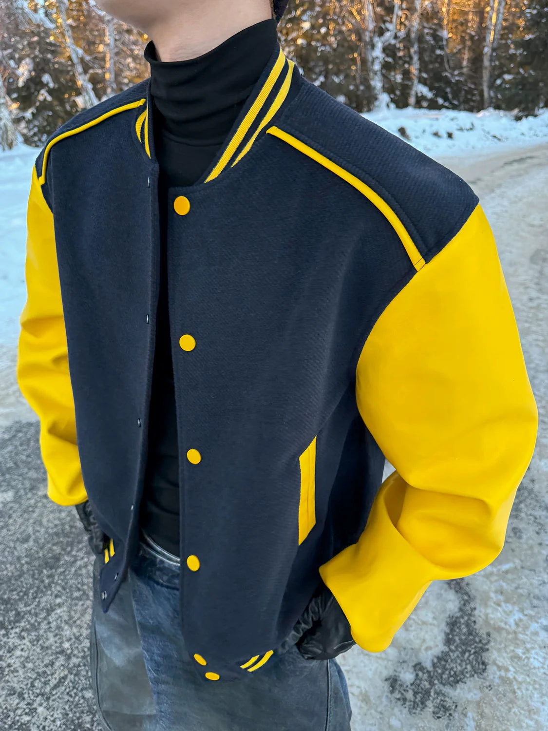 American contrasting leather baseball jersey men's personality silhouette wide shoulder short jacket jacket tide