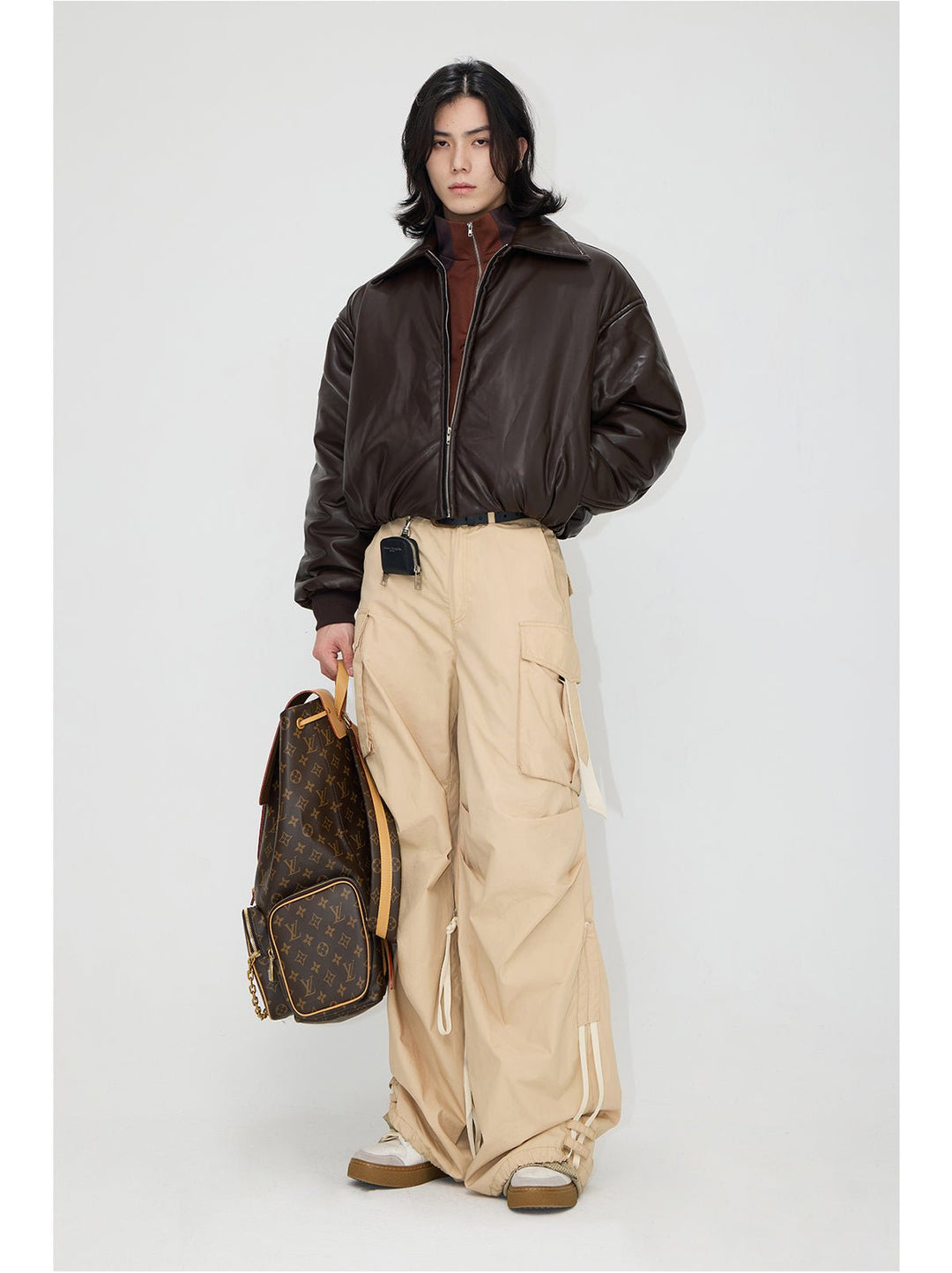 [PeopleStyle] Vintage Leder-Baumwolljacke mit überschnittenen Schultern st1792 