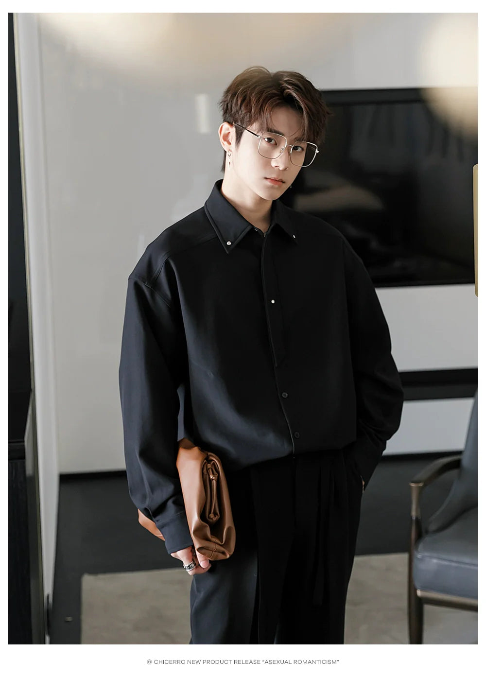 Men's Loose Casual Lapel Shirt Men's Solid Color Premium Tie Long Sleeve Shirt