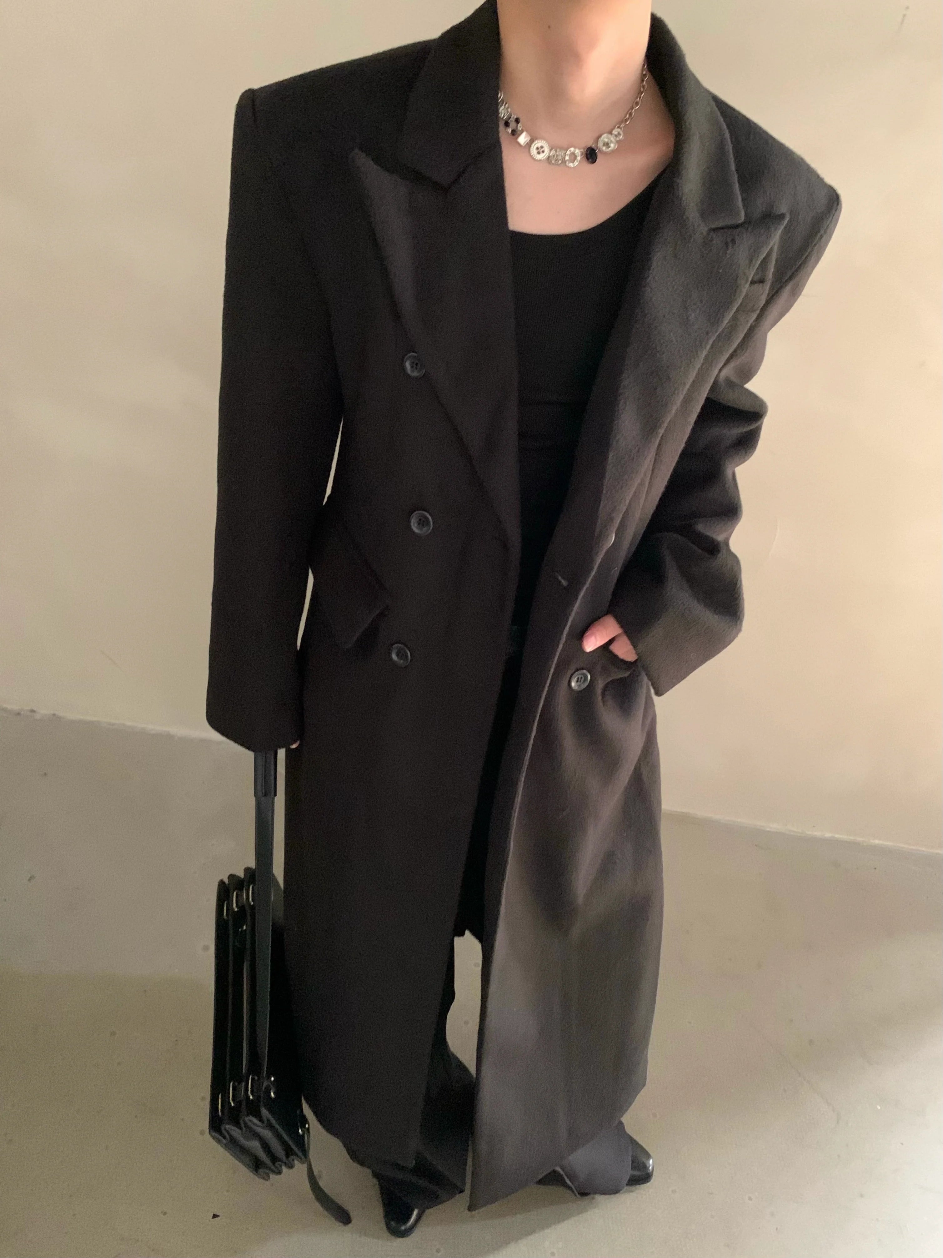 Winter niche shoulder padded silhouette woolen coat men's long double-breasted premium trench coat