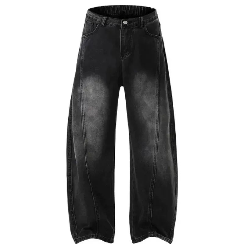 약간 통통한 핏의 워싱 처리된 레트로 스타일 남성용 루즈핏 블랙 팬츠, 봄/가을에 활용하기 좋은 빅사이즈 스키미터 진