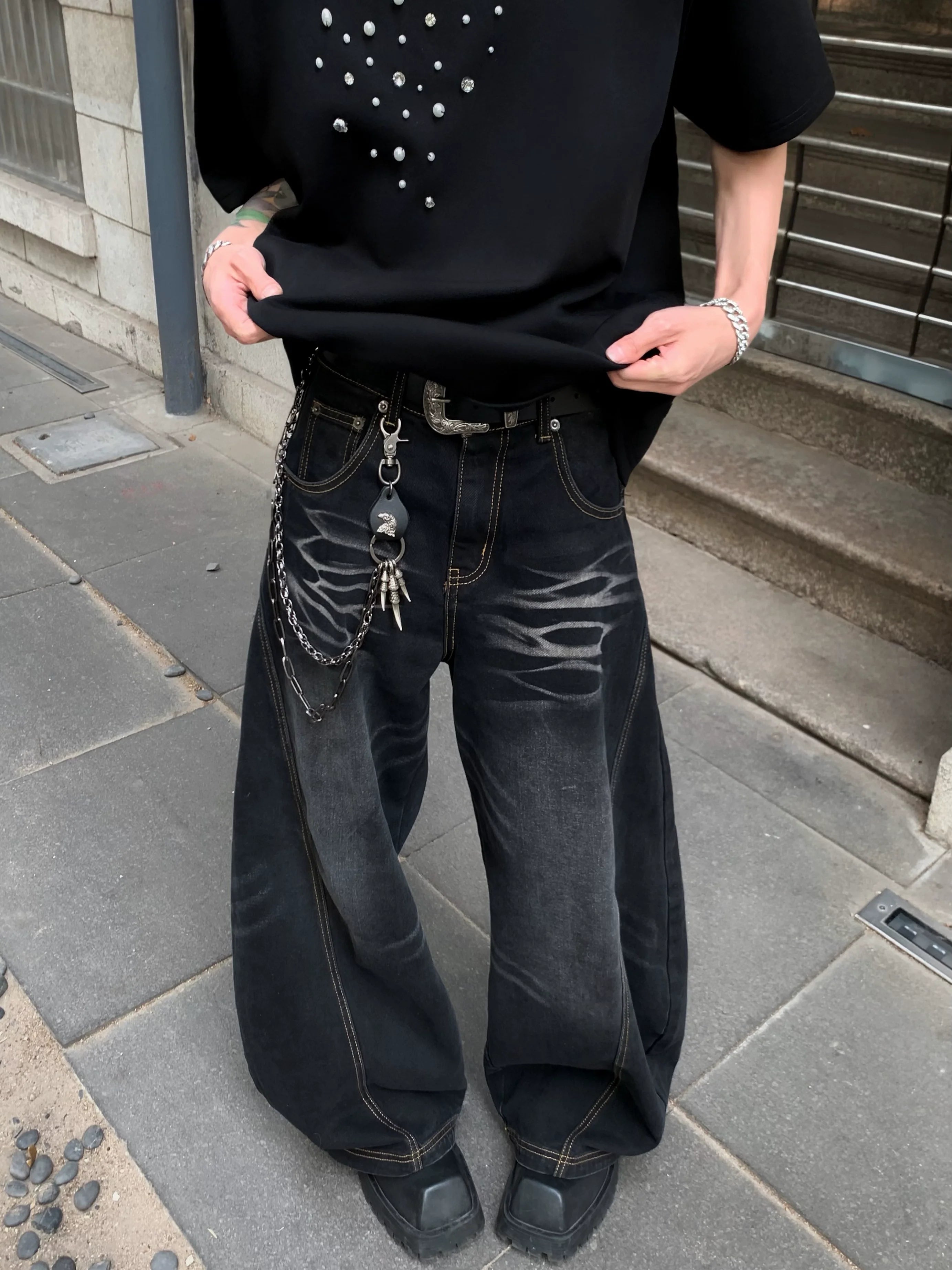 American high street lazy relaxation scimitar pants men's design sense cleanfit jeans high sense