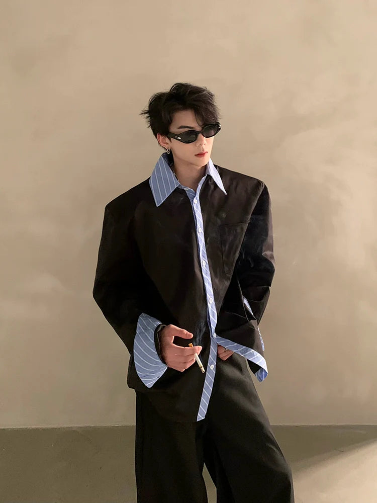 High-end niche design silhouette splicing shirt men's ruffian handsome solid color loose trend shirt