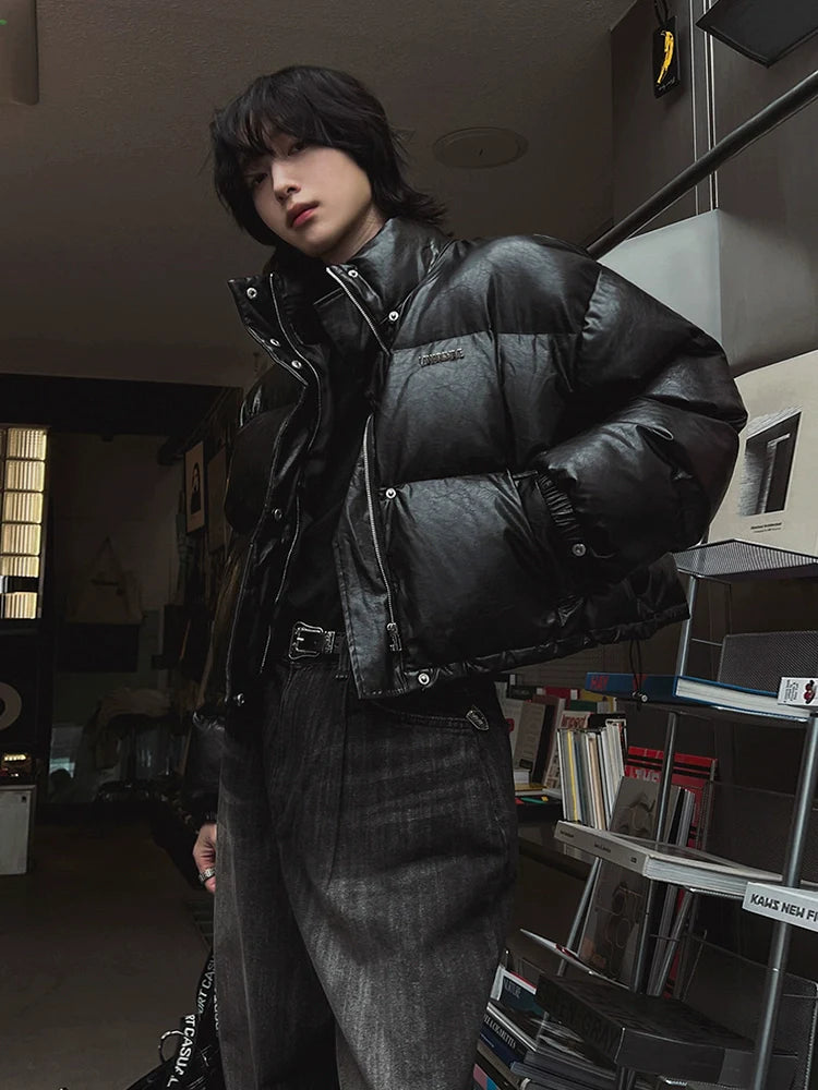 High-end PU leather short cotton-padded clothes men's winter loose warm jacket Korean trendy stand-up collar cotton clothes