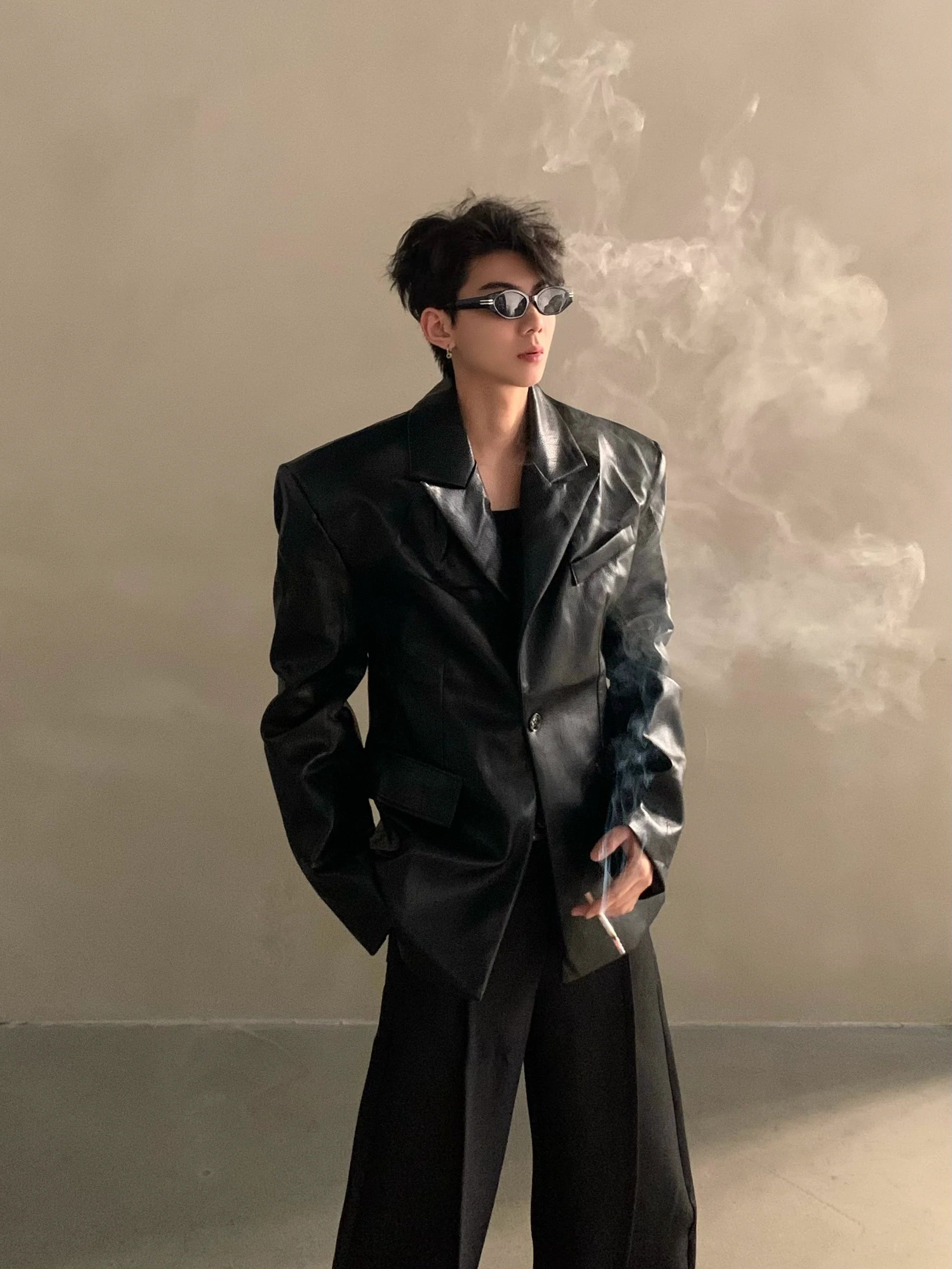 Autumn and winter niche high-end silhouette shoulder pads pu leather jacket men's light luxury ruffian handsome suit jacket