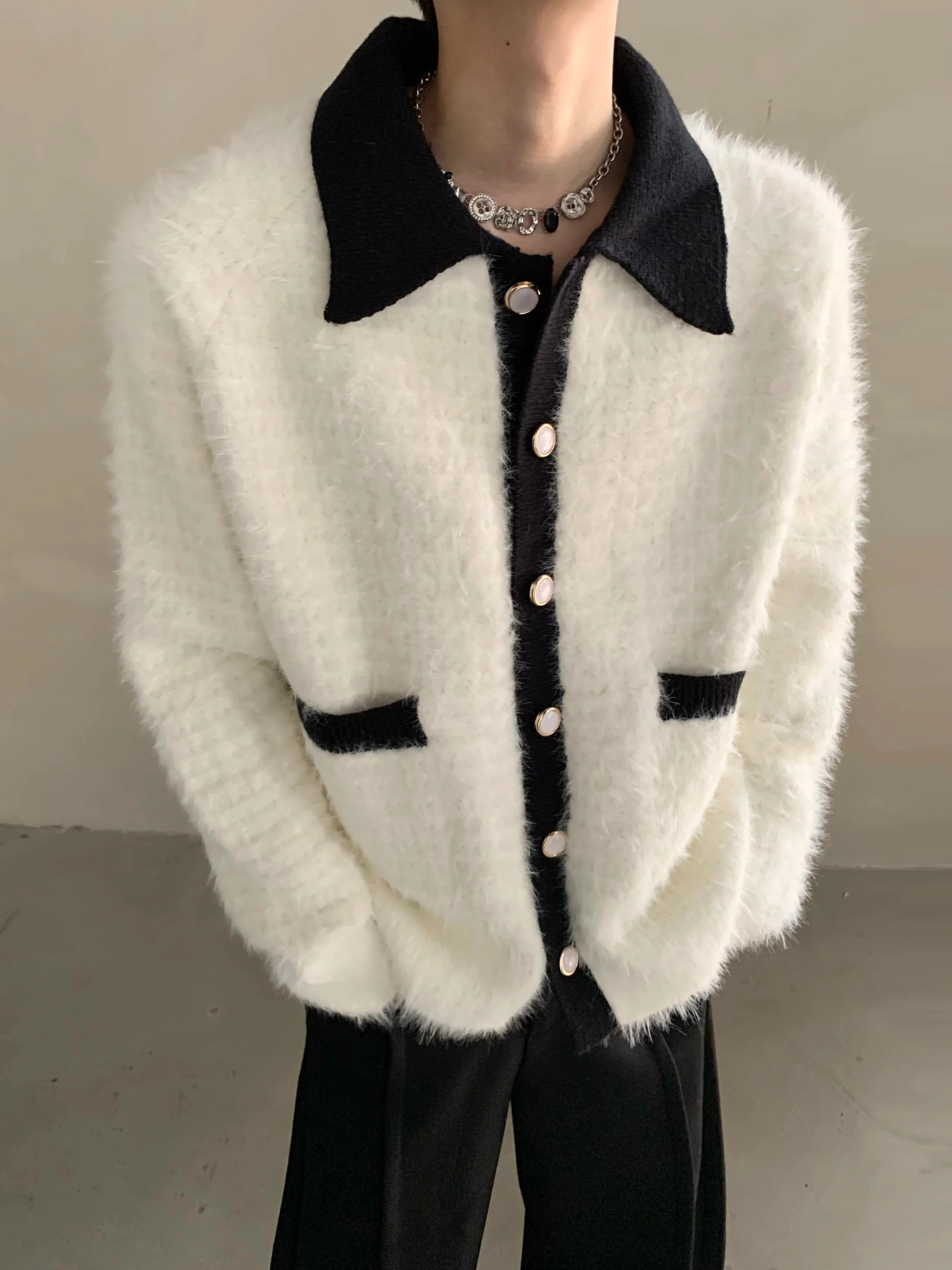 Winter extravagant atmosphere small fragrant lapel knitted cardigan men's heavy button sweater jacket