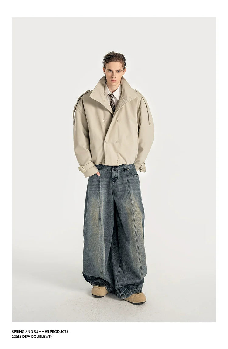 실용적인 디자인의 미국식 스탠드업 패딩 트렌치 코트, 와이드 숄더, 가을/겨울용 짧은 재킷