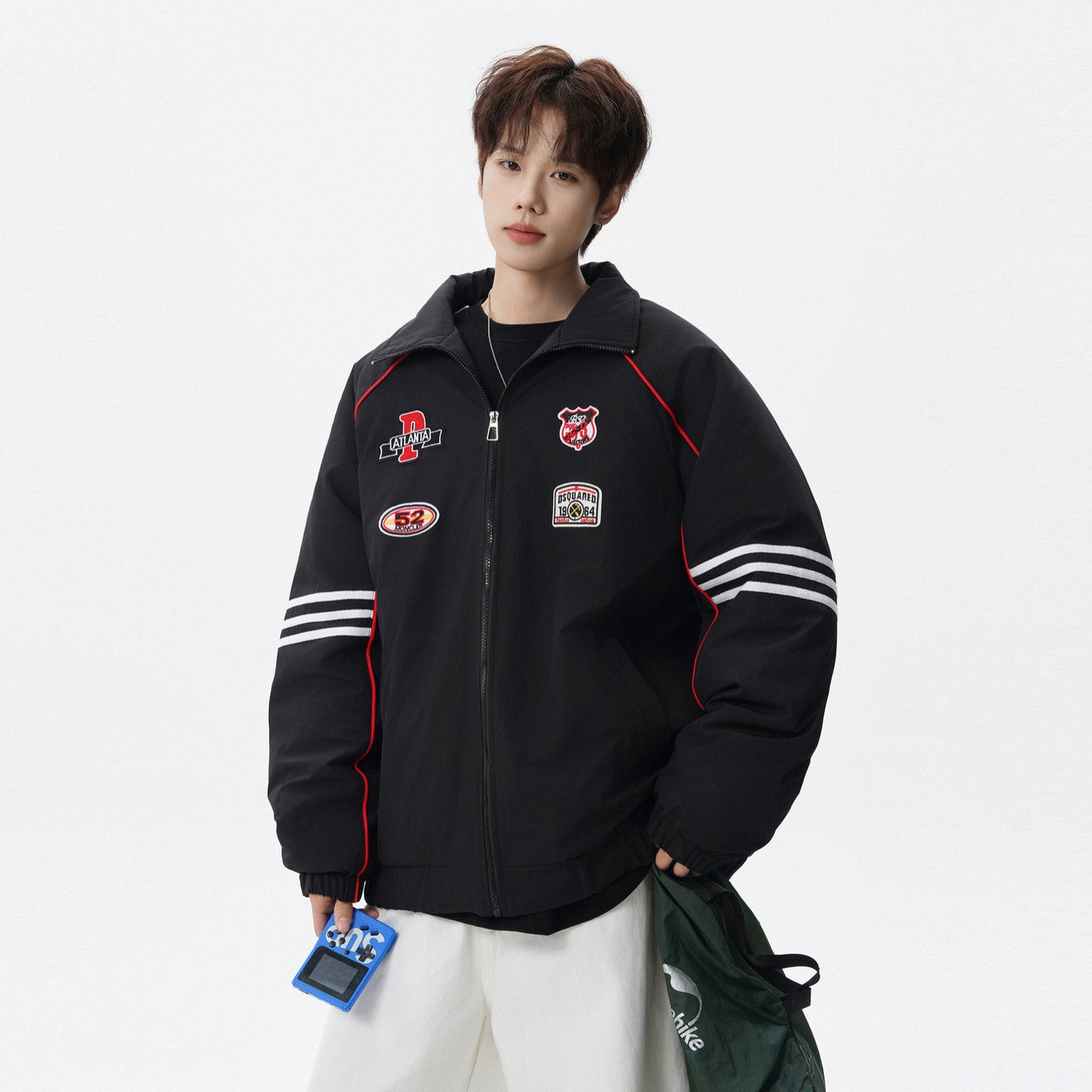 RACING STYLE BOMBER JACKET FOR MEN - PATCH DETAIL STREETWEAR OUTERWEAR EHW5033