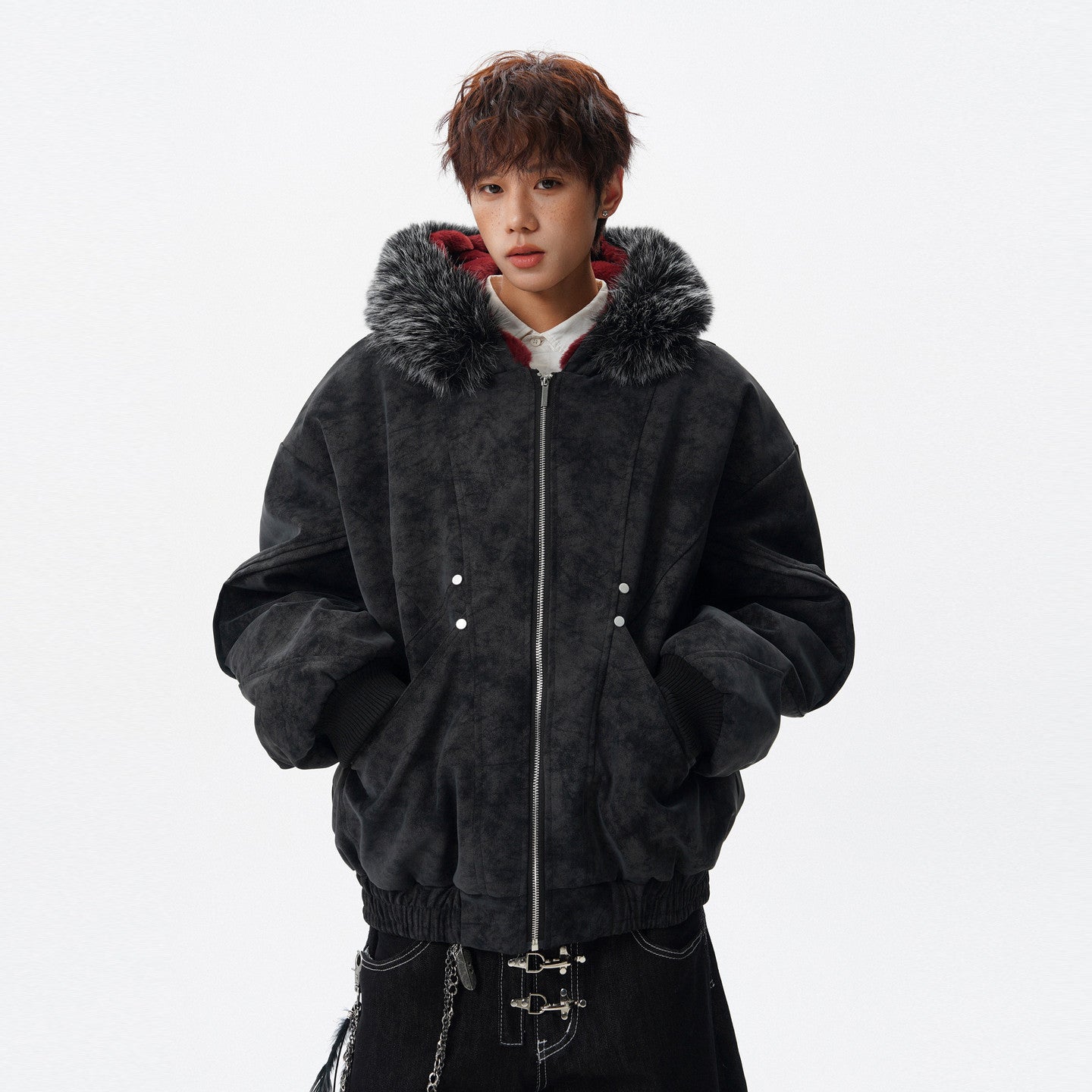 Y2K HIP HOP STYLE FAUX FUR TRIM HOODED JACKET EHW5029