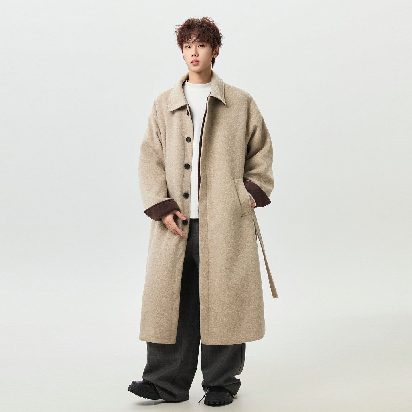 남성용 베이지 오버사이즈 울 트렌치 코트 - 레트로 롱라인 스타일 EHW5019 