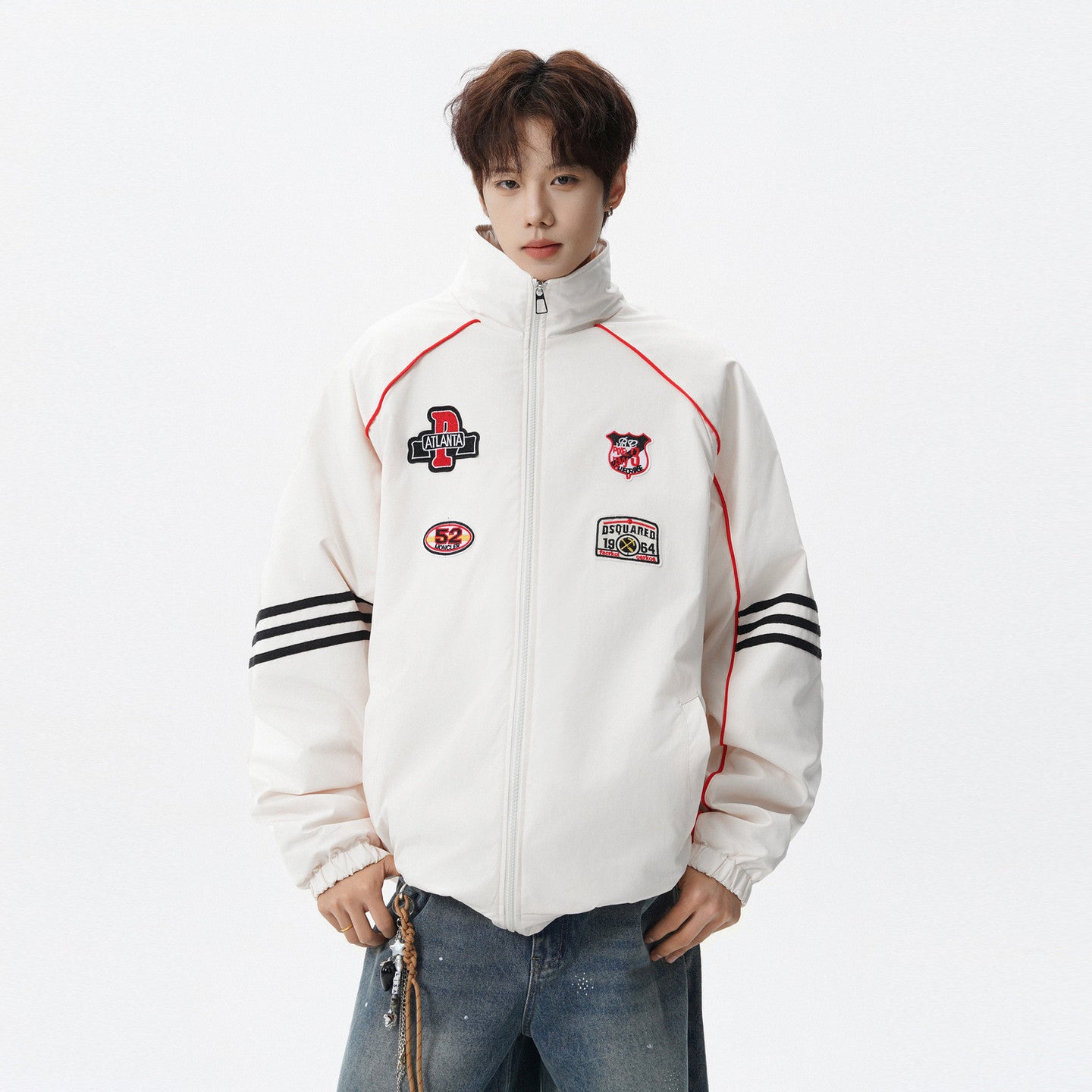 RACING STYLE BOMBER JACKET FOR MEN - PATCH DETAIL STREETWEAR OUTERWEAR EHW5033