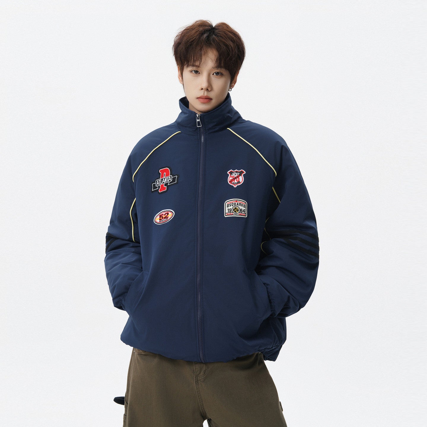 RACING STYLE BOMBER JACKET FOR MEN - PATCH DETAIL STREETWEAR OUTERWEAR EHW5033