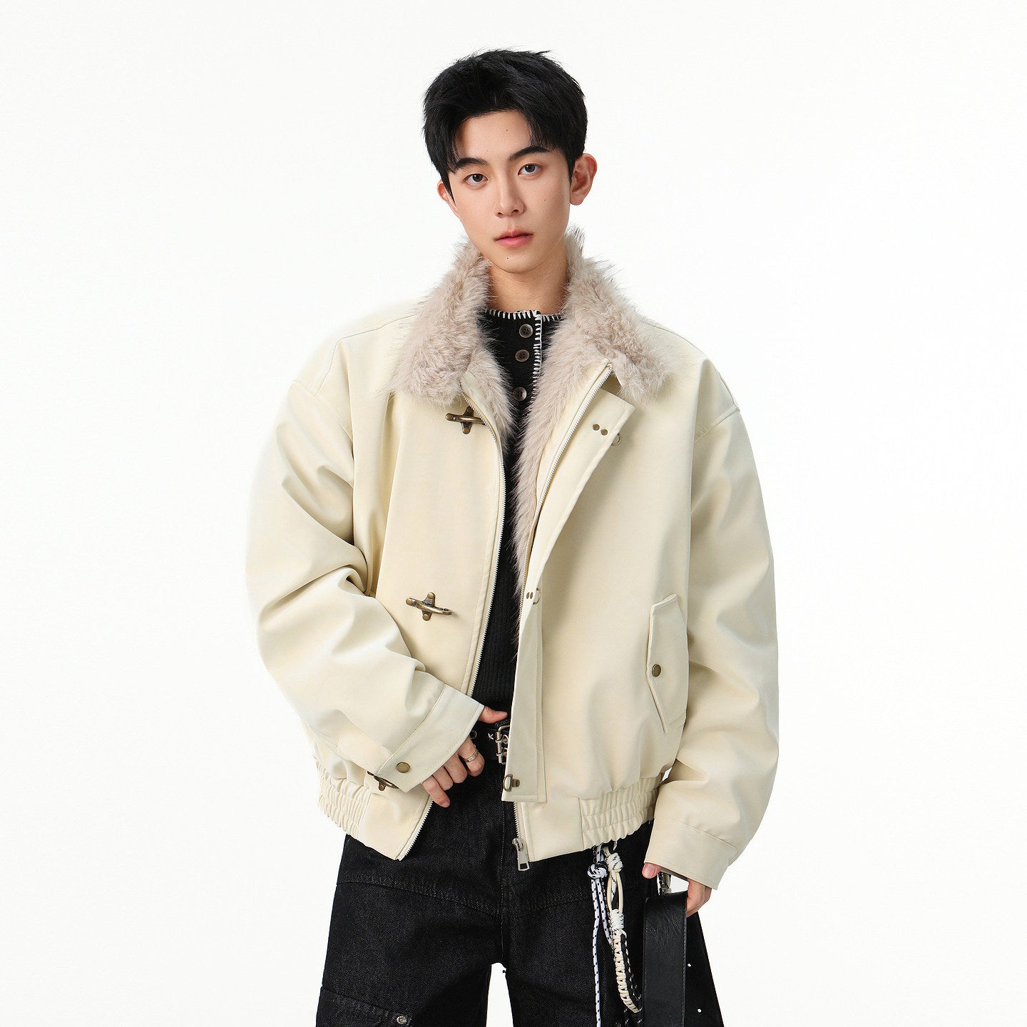 OVERSIZED BEIGE FAUX LEATHER BOMBER JACKET WITH FUR TRIM EHW5027