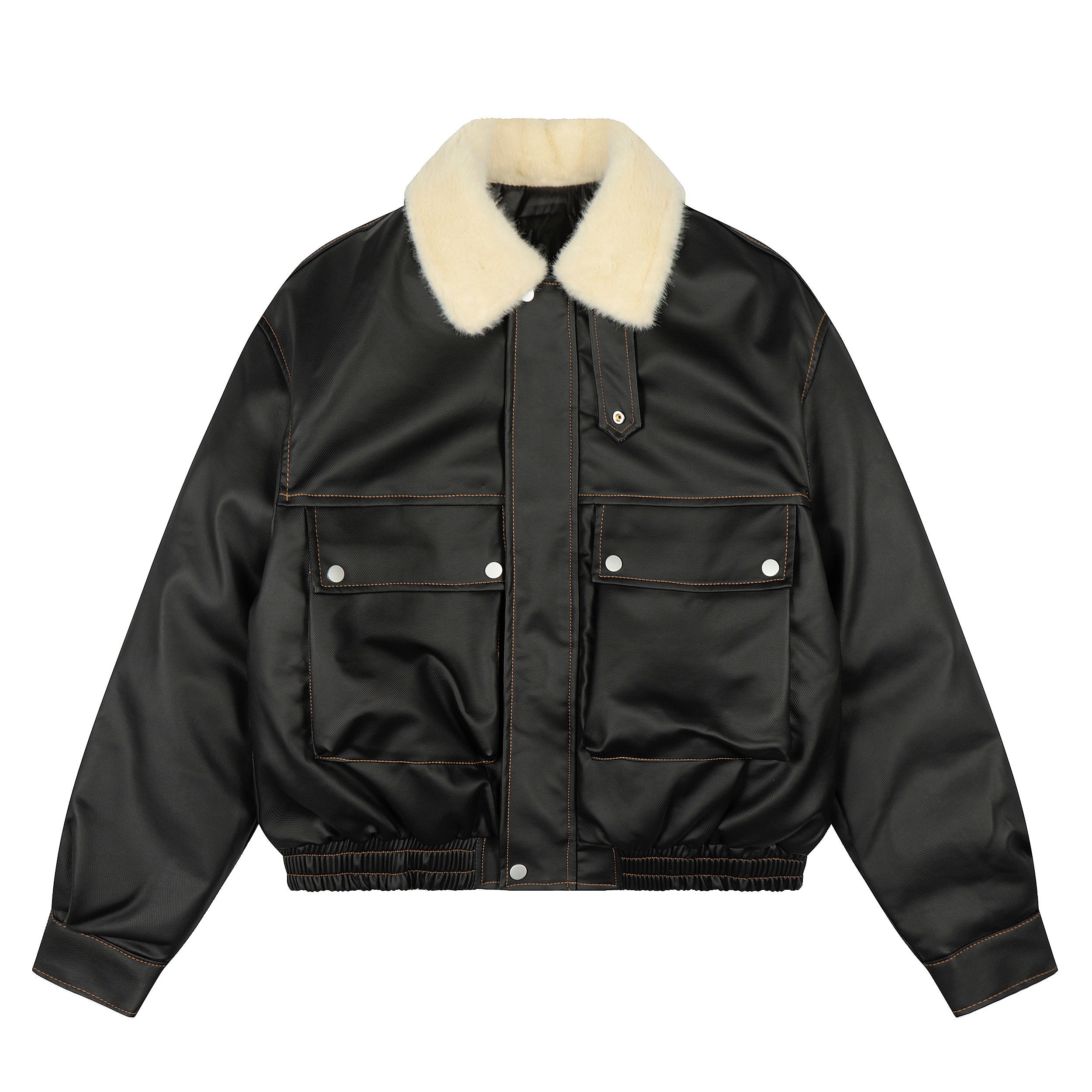 STREET STYLE BOMBER JACKET-BLACK LEATHER-LOOK WITH COZY CREAM COLLAR EHW5016