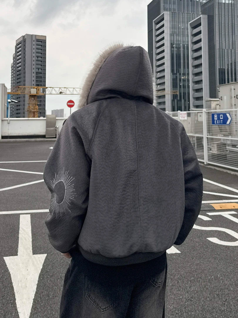 FAUX SHEARLING HOODED JACKET-FUZZY COLLAR&CONTRAST DETAILS, OVERSIZED WARM OUTWEAR EHW5018