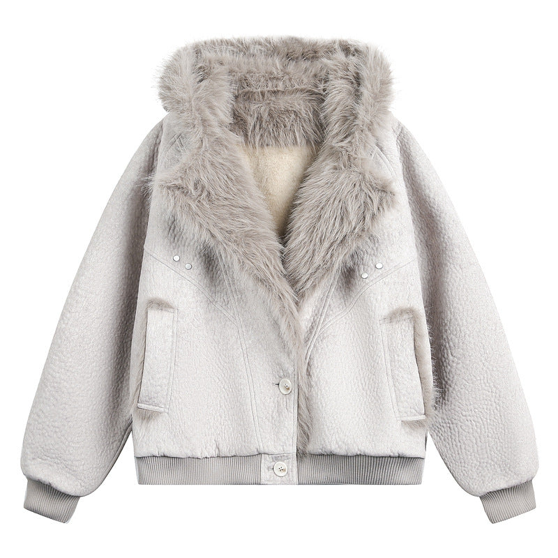 FAUX SHEARLING HOODED JACKET-FUZZY COLLAR&CONTRAST DETAILS, OVERSIZED WARM OUTWEAR EHW5018