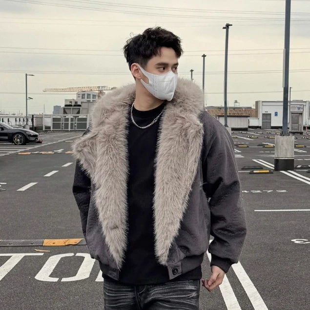 FAUX SHEARLING HOODED JACKET-FUZZY COLLAR&CONTRAST DETAILS, OVERSIZED WARM OUTWEAR EHW5018