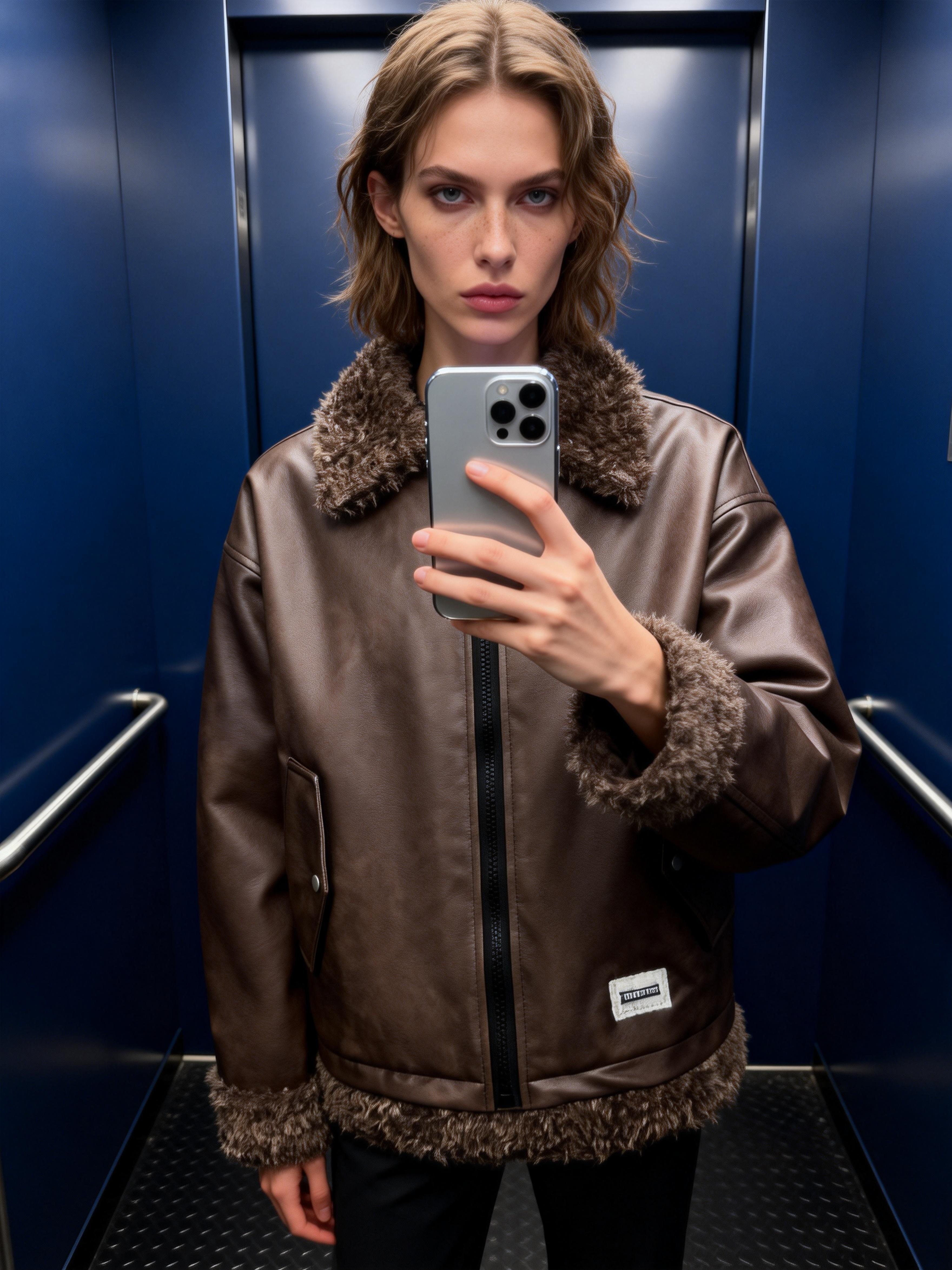 Vintage brown Shearling Collar Faux Leather Jacket EHW5017