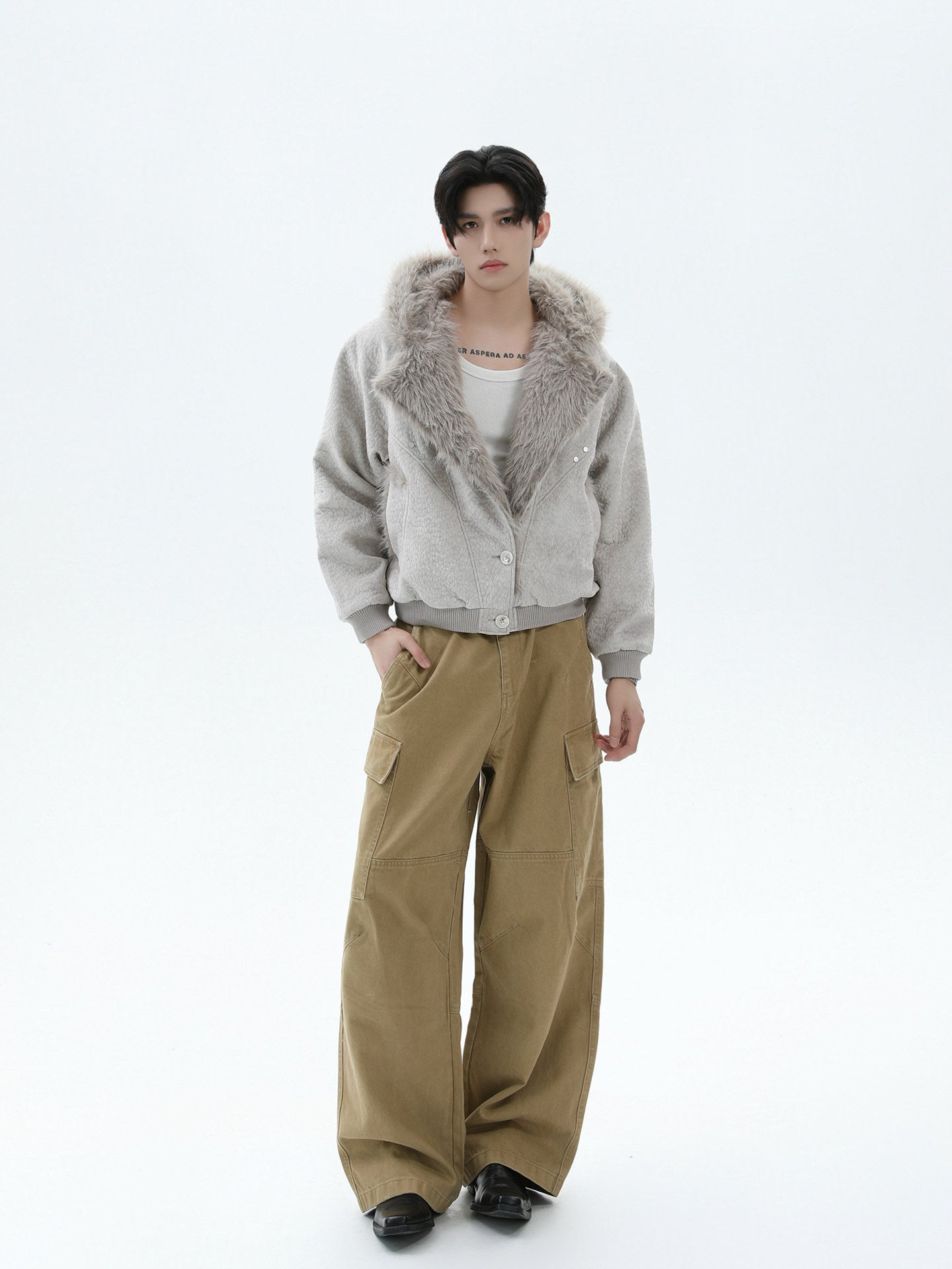 FAUX SHEARLING HOODED JACKET-FUZZY COLLAR&CONTRAST DETAILS, OVERSIZED WARM OUTWEAR EHW5018