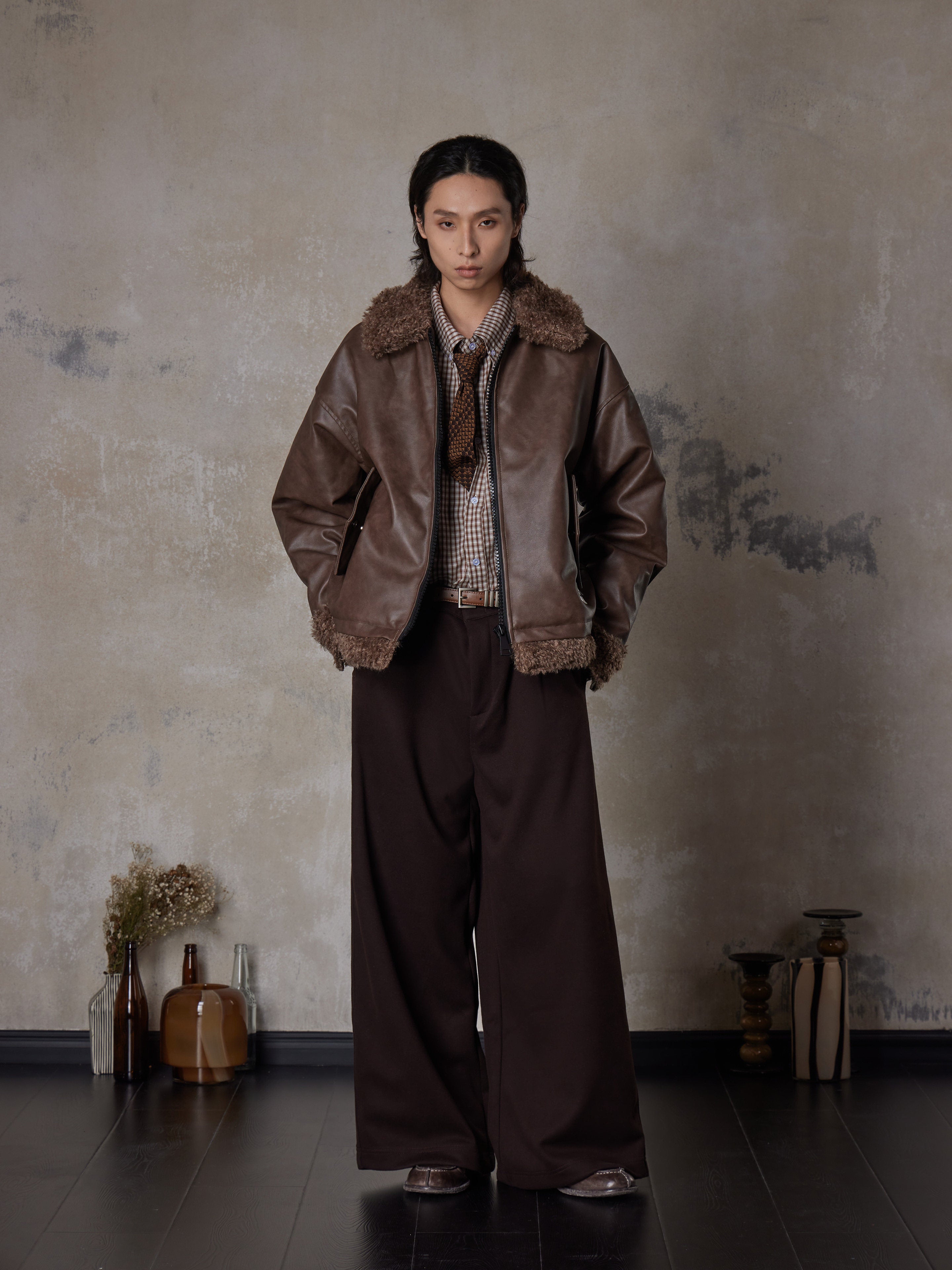 Vintage brown Shearling Collar Faux Leather Jacket EHW5017