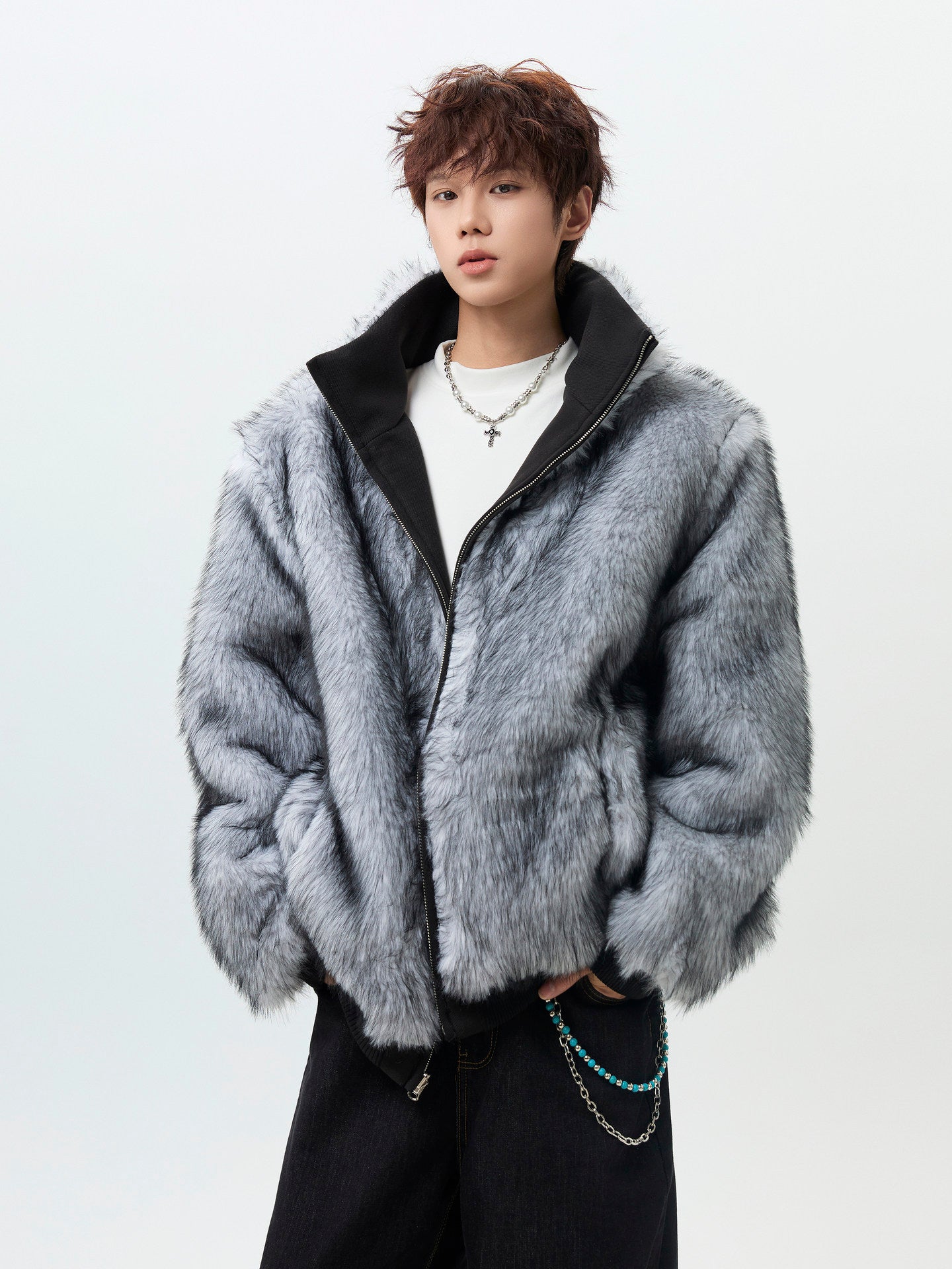 BOMBER JACKET WITH FAUX FUR COLLAR-STREET STYLE WARM ZIP-UP OUTWEAR EHW5012