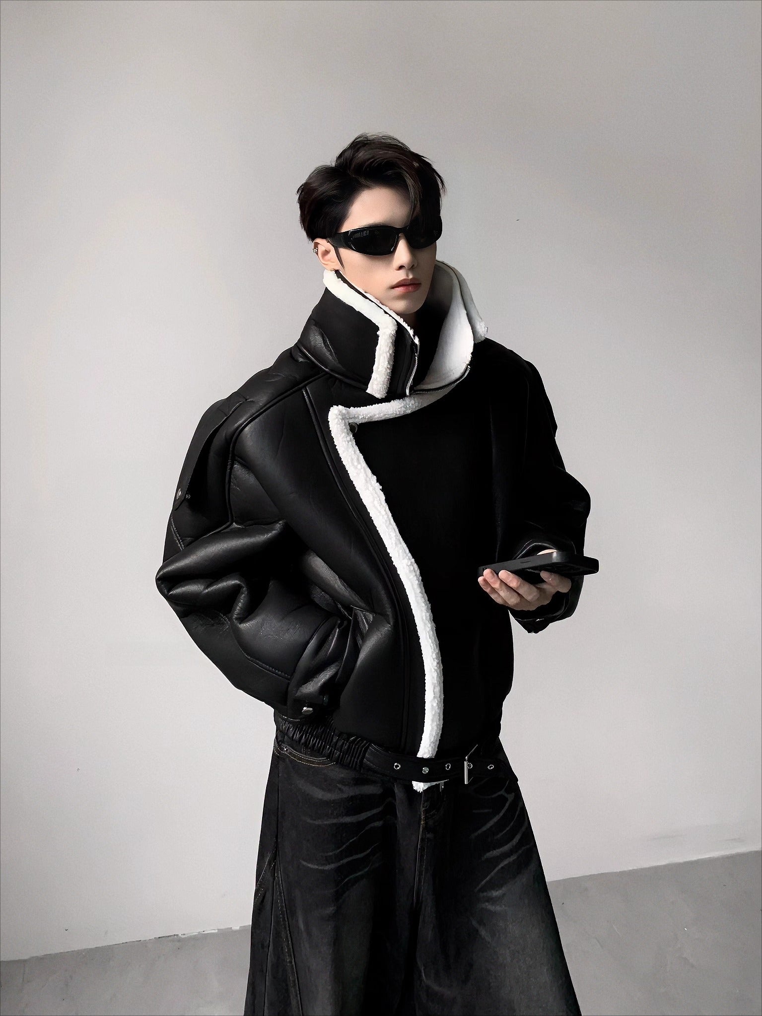 가볍고 고급스러운 이중 레이어 칼라 벨벳 소재의 깔끔한 핏, 남성용 겨울 산악 조각 재킷, 두꺼운 가죽 및 면 소재 의류