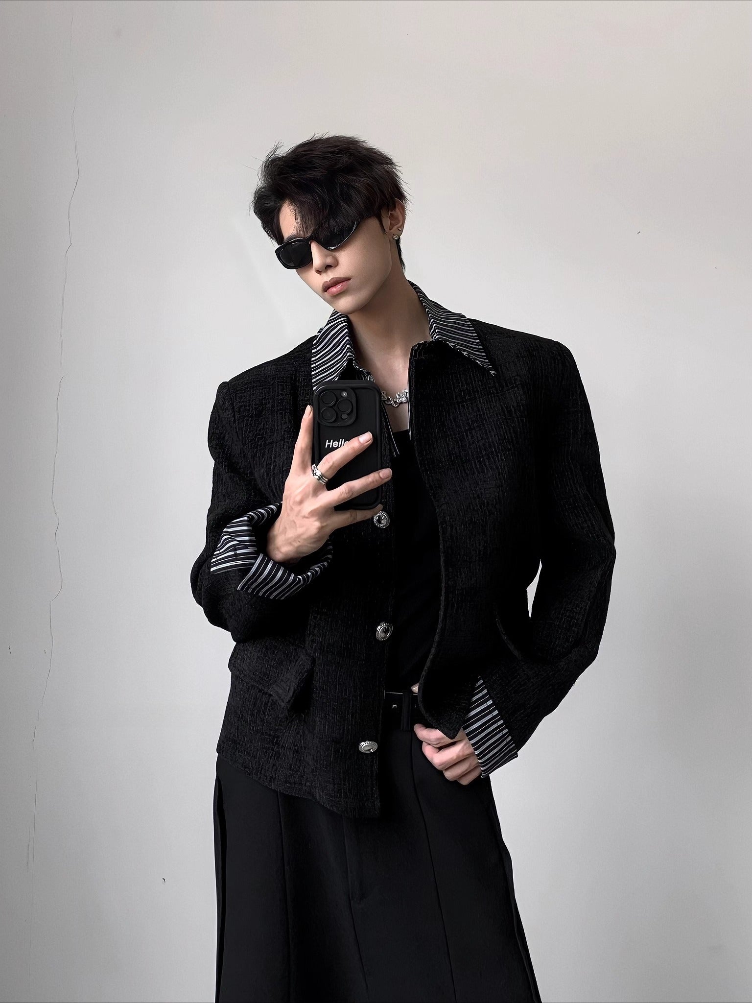 Premium fake two-piece design plaid shoulder pad cleanfit jacket men's high-end luxury jacket