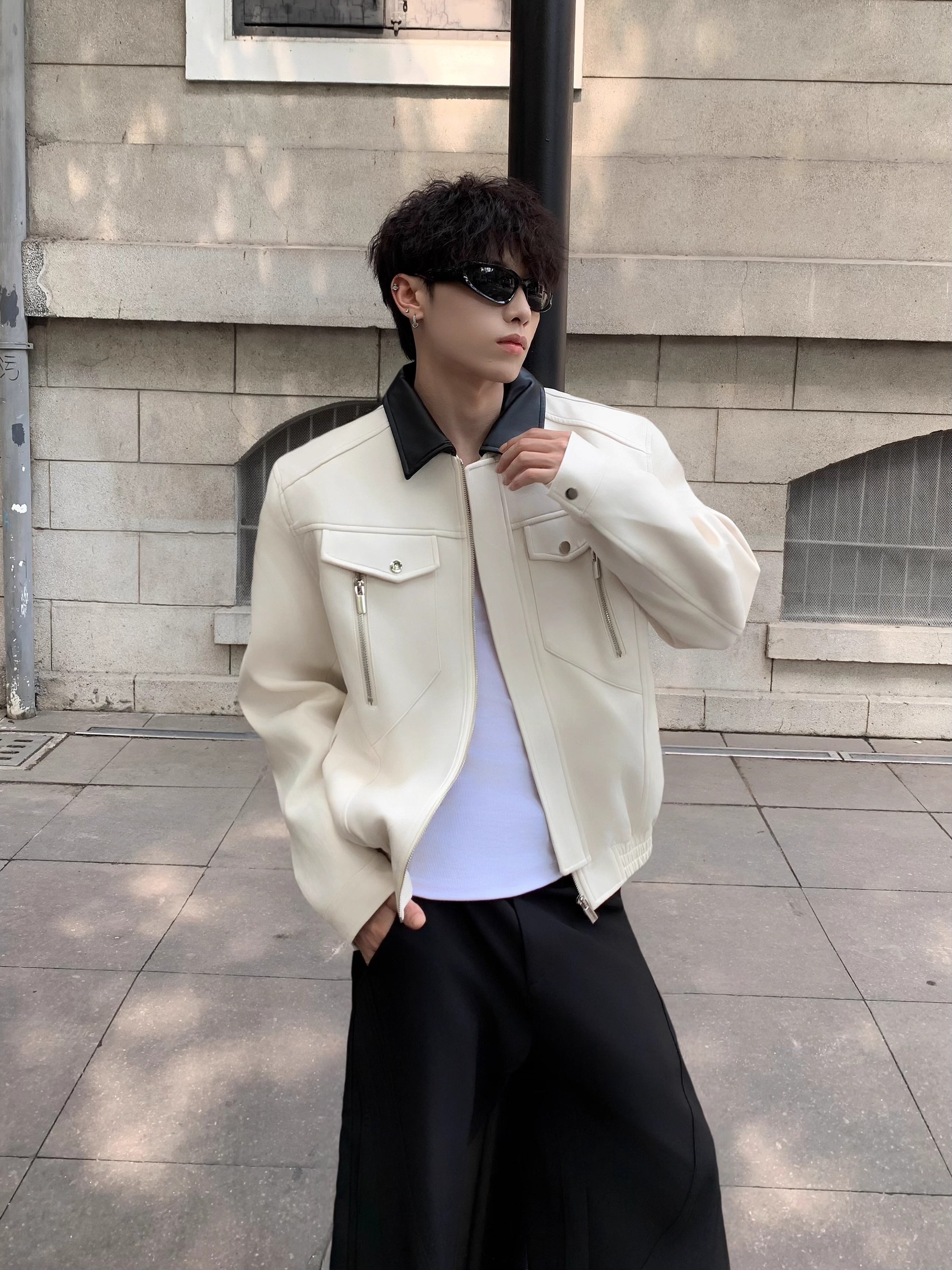 가볍고 고급스러운 해체주의적 디자인 감각, 헛간 스타일의 어깨 패드 재킷, 남성용 깔끔한 핏의 스웨이드 재킷, 트렌디한 스타일